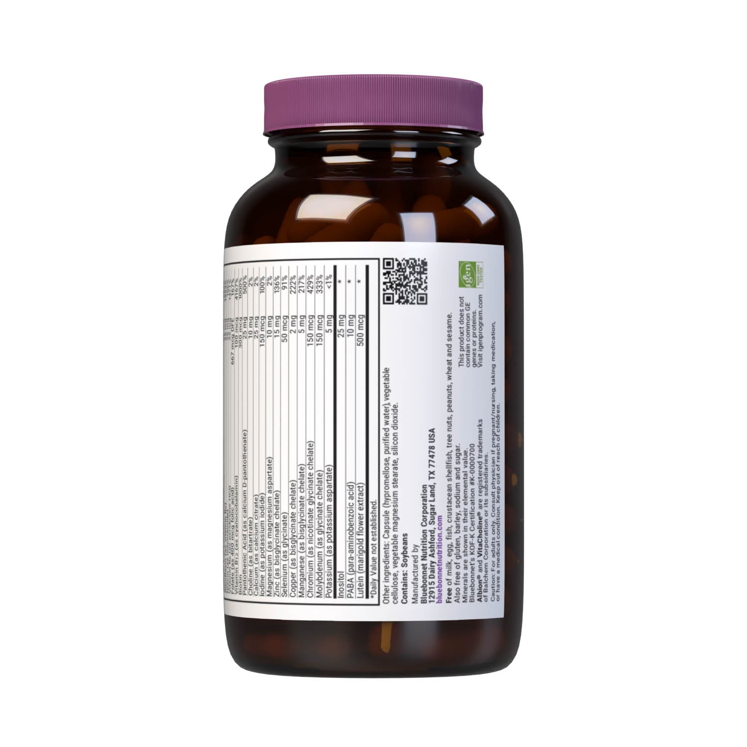 Bluebonnet’s Multi One Iron-free Single Daily Multiple 120 vegetable capsules is formulated with crucial vitamins and minerals, plus Albion chelated minerals for daily nutrition and well being. Supplement facts panel bottom. #size_120 count