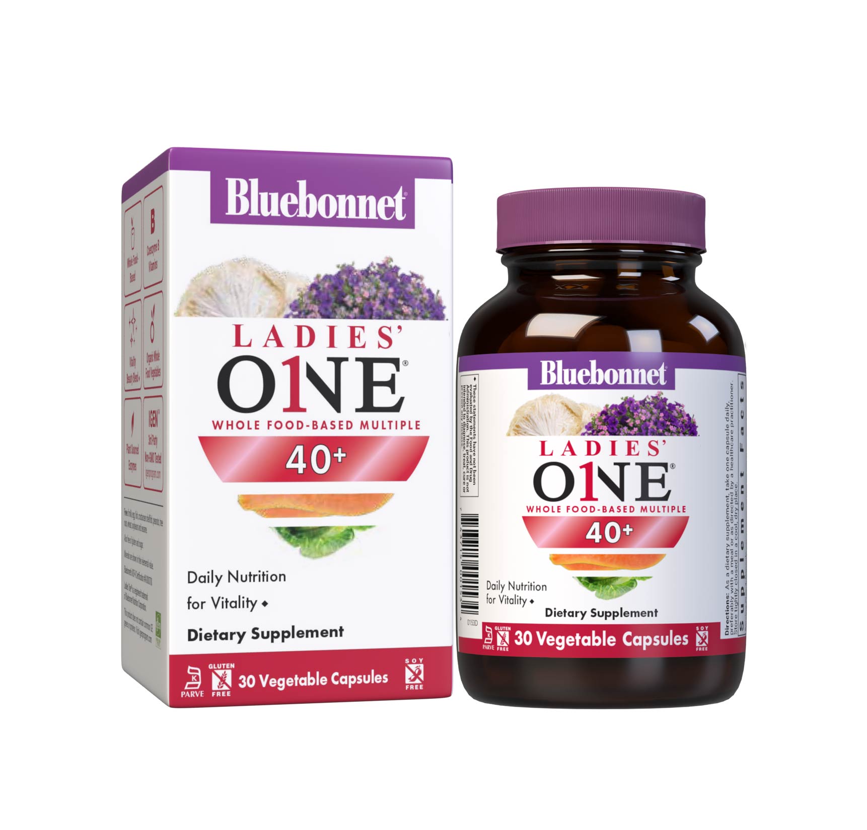 Bluebonnet’s Ladies’ ONE 40+ Whole Food-Based Multiple 30 Vegetable Capsules are formulated for daily nutritional support and vitality for women over 40. Helps to increase energy and vitality, protect beautiful skin, enhance mood, and support heart health. Bottle with box #size_30 count