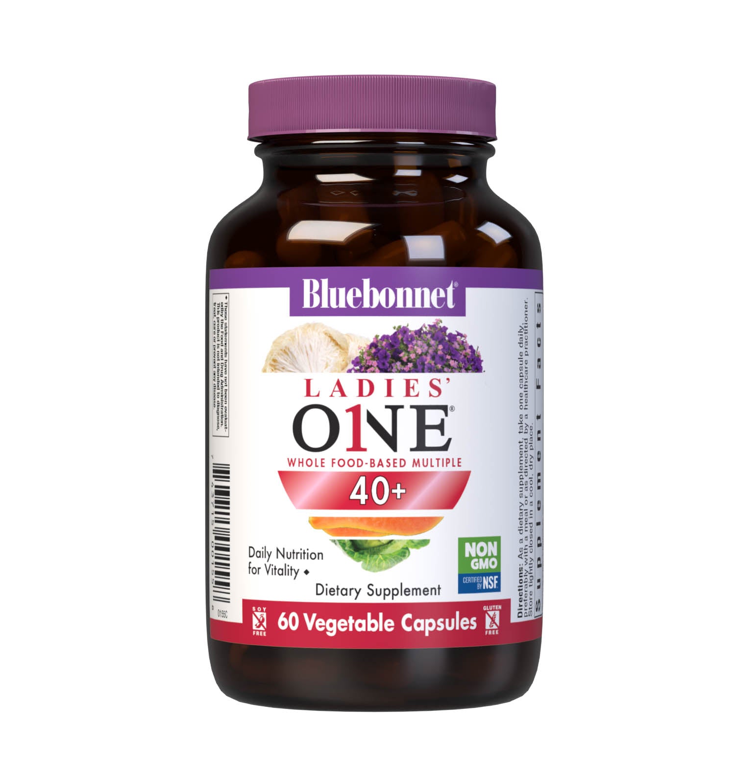 Bluebonnet’s Ladies’ ONE 40+ Whole Food-Based Multiple 60 Vegetable Capsules are formulated for daily nutritional support and vitality for women over 40. Helps to increase energy and vitality, protect beautiful skin, enhance mood, and support heart health. #size_60 count