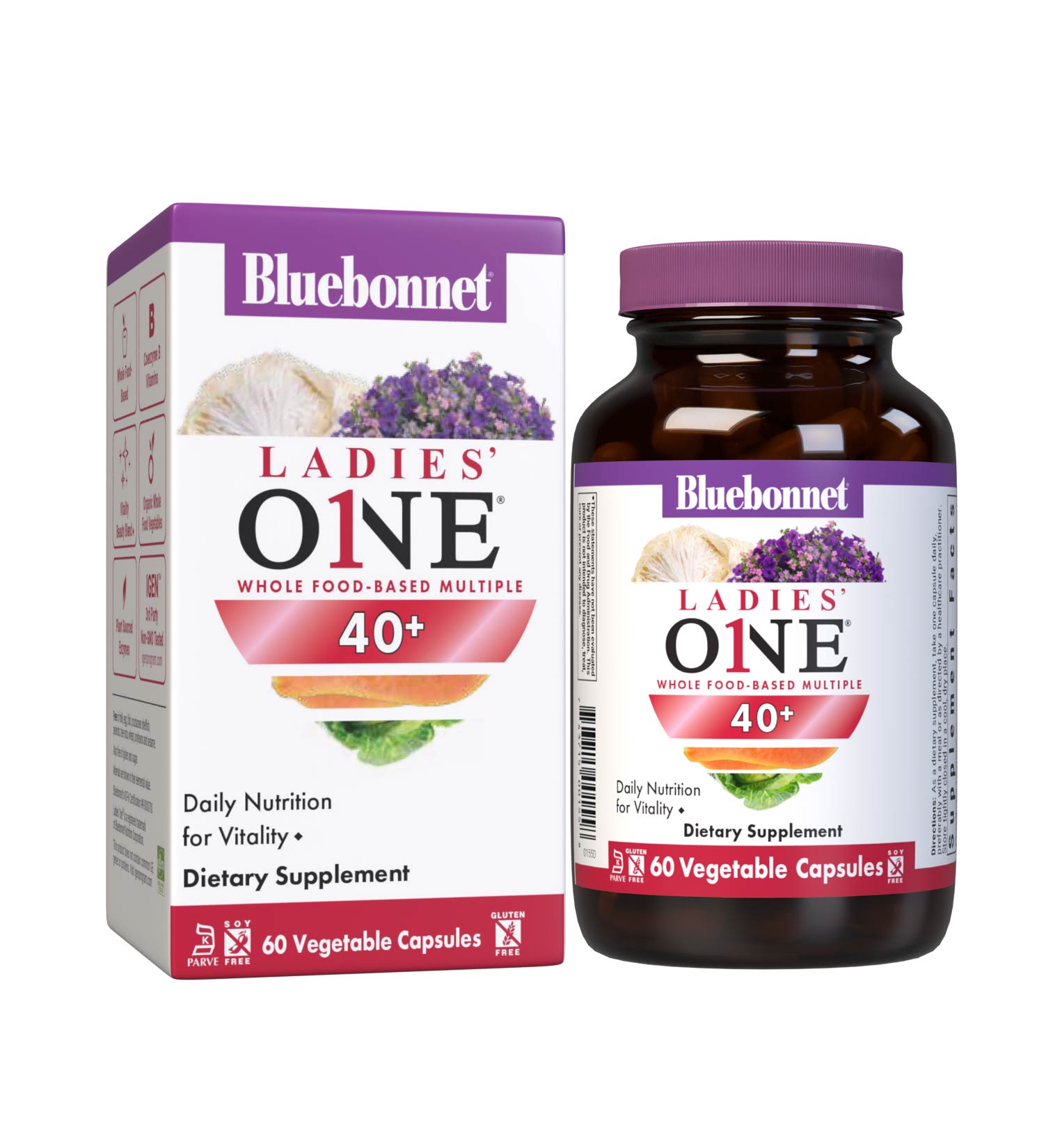 Bluebonnet’s Ladies’ ONE 40+ Whole Food-Based Multiple 60 Vegetable Capsules are formulated for daily nutritional support and vitality for women over 40. Helps to increase energy and vitality, protect beautiful skin, enhance mood, and support heart health. Bottle with box #size_60 count