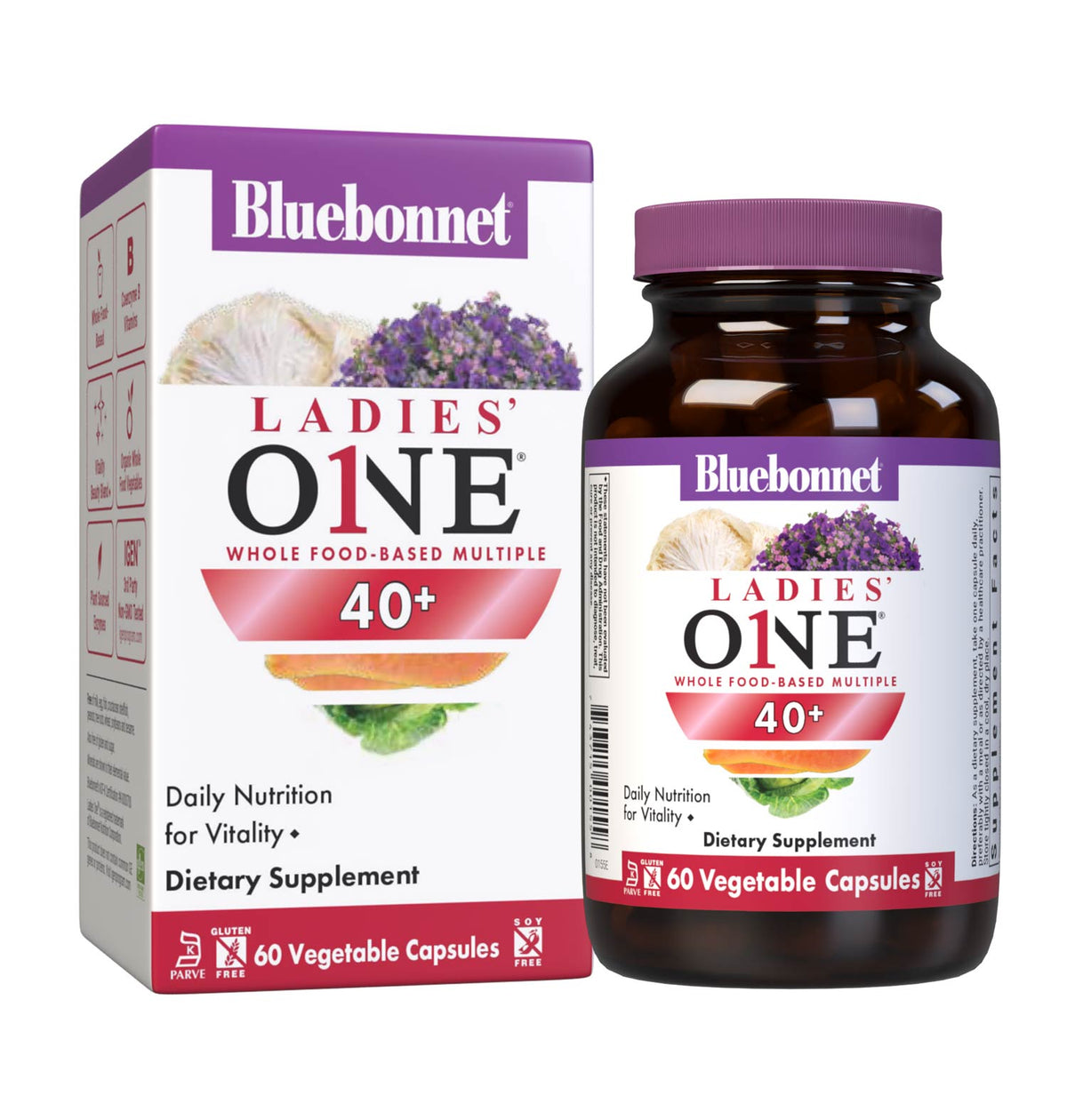 Bluebonnet’s Ladies’ ONE 40+ Whole Food-Based Multiple 60 Vegetable Capsules are formulated for daily nutritional support and vitality for women over 40. Helps to increase energy and vitality, protect beautiful skin, enhance mood, and support heart health. Bottle with box image. #size_60 count