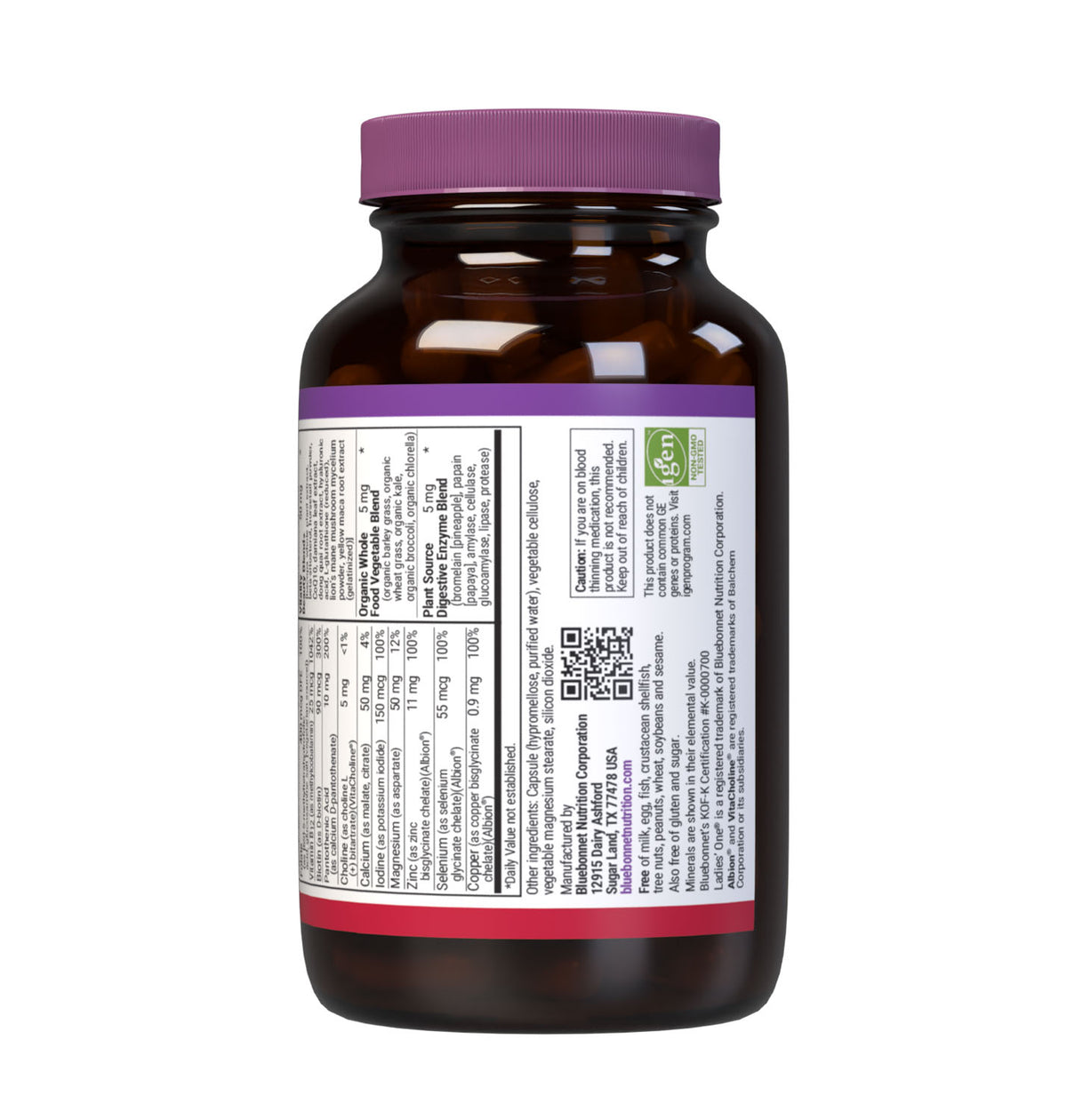 Bluebonnet’s Ladies’ ONE 40+ Whole Food-Based Multiple 60 Vegetable Capsules are formulated for daily nutritional support and vitality for women over 40. Helps to increase energy and vitality, protect beautiful skin, enhance mood, and support heart health. Supplement facts panel, bottom part. #size_60 count