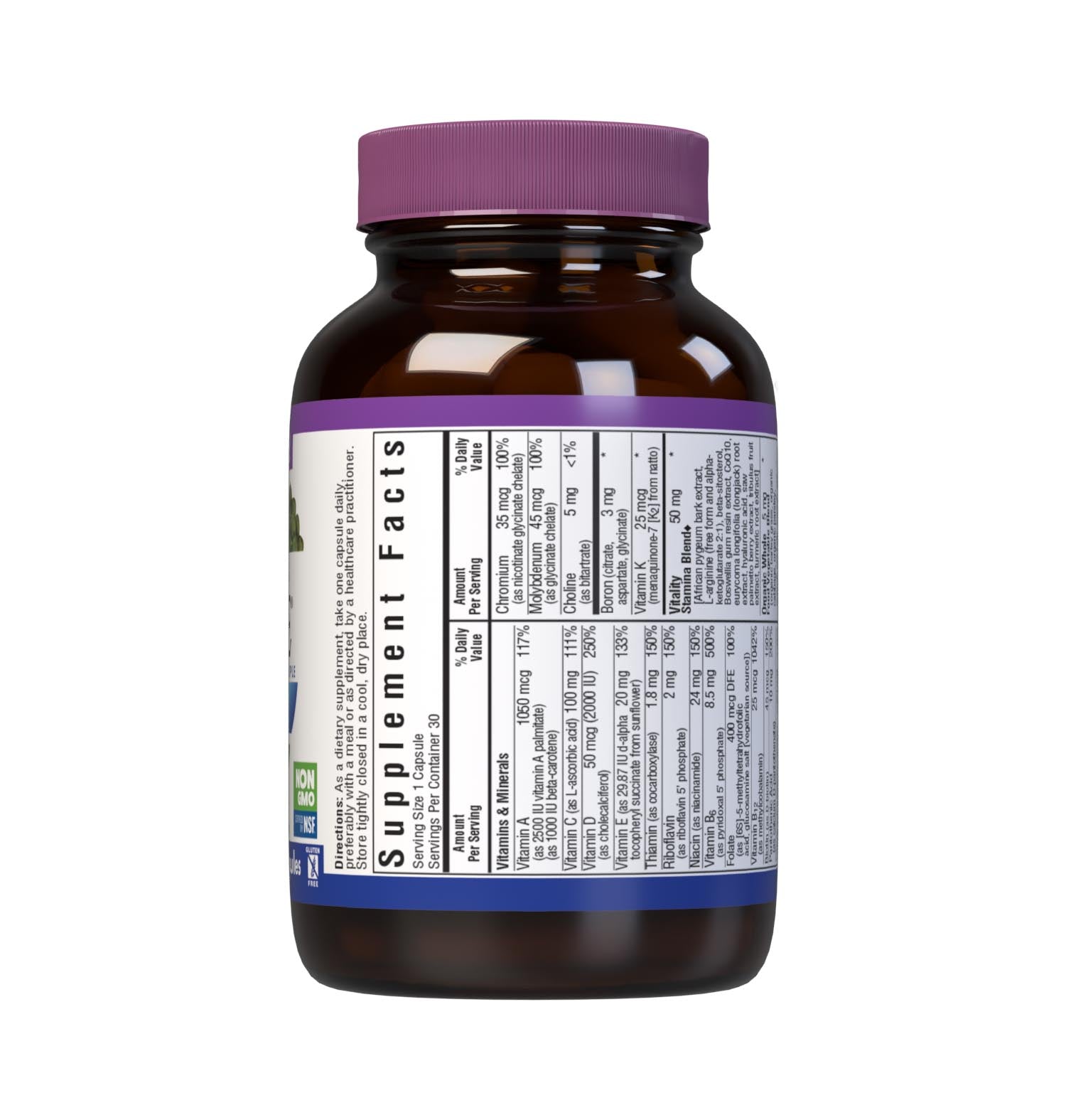 Bluebonnet’s Men’s ONE 40+ Whole Food-Based Multiple 30 Vegetable Capsules are formulated for daily nutritional support and vitality for men over 40, helping to increase energy and vitality, aid joint comfort, maintain prostate health, and support heart health. Supplement facts panel top. #size_30 count