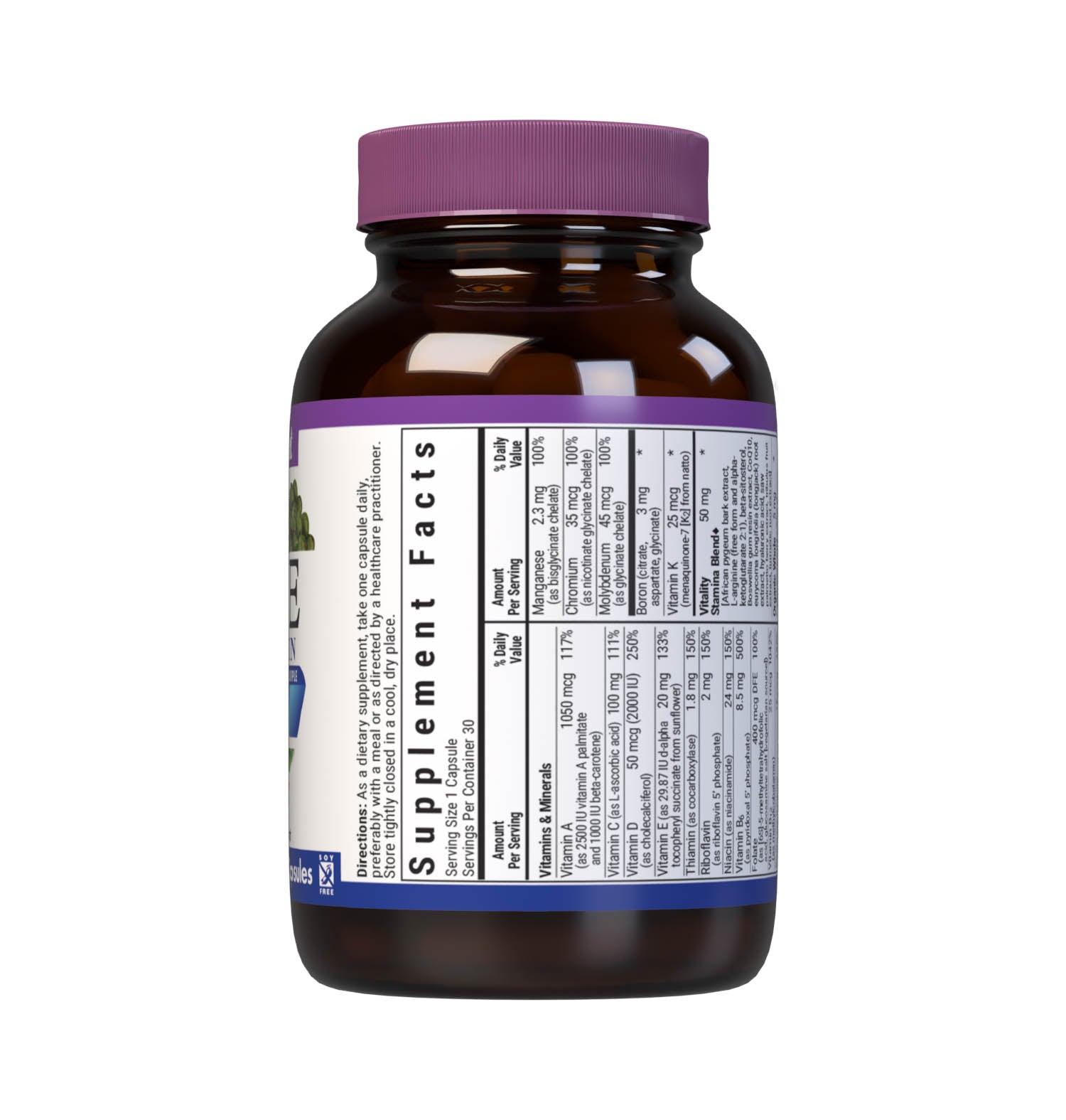 Bluebonnet’s Men’s ONE 40+ Whole Food-Based Multiple 30 Vegetable Capsules are formulated for daily nutritional support and vitality for men over 40, helping to increase energy and vitality, aid joint comfort, maintain prostate health, and support heart health. Supplement facts panel top. #size_30 count