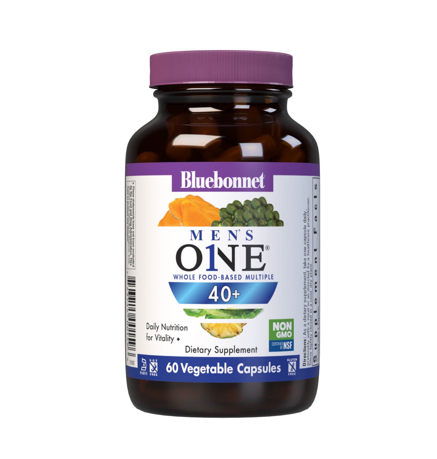 Bluebonnet’s Men’s ONE 40+ Whole Food-Based Multiple 60 Vegetable Capsules are formulated for daily nutritional support and vitality for men over 40, helping to increase energy and vitality, aid joint comfort, maintain prostate health, and support heart health. #size_60 count