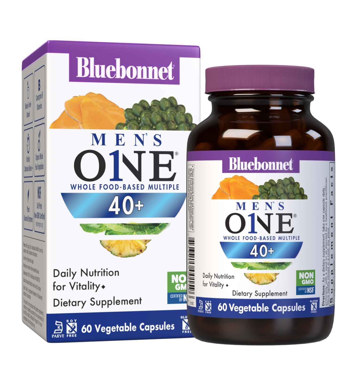 Bluebonnet’s Men’s ONE 40+ Whole Food-Based Multiple 60 Vegetable Capsules are formulated for daily nutritional support and vitality for men over 40, helping to increase energy and vitality, aid joint comfort, maintain prostate health, and support heart health. Bottle with box. #size_60 count