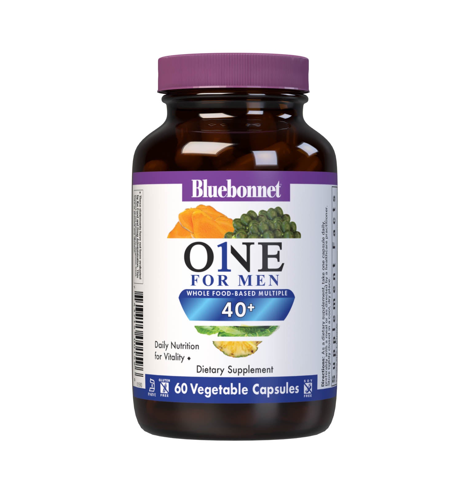 Bluebonnet’s Men’s ONE 40+ Whole Food-Based Multiple 60 Vegetable Capsules are formulated for daily nutritional support and vitality for men over 40, helping to increase energy and vitality, aid joint comfort, maintain prostate health, and support heart health. #size_60 count