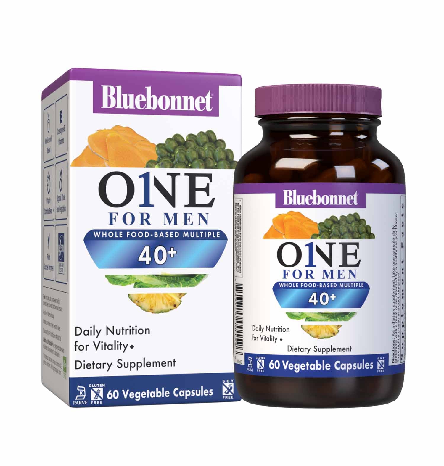 Bluebonnet’s Men’s ONE 40+ Whole Food-Based Multiple 60 Vegetable Capsules are formulated for daily nutritional support and vitality for men over 40, helping to increase energy and vitality, aid joint comfort, maintain prostate health, and support heart health. Bottle with box. #size_60 count