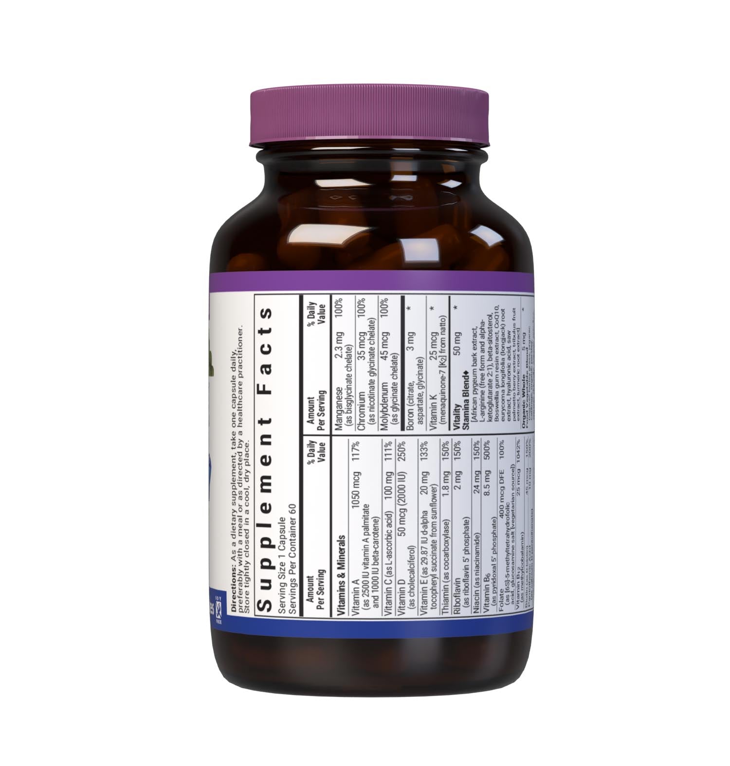 Bluebonnet’s Men’s ONE 40+ Whole Food-Based Multiple 60 Vegetable Capsules are formulated for daily nutritional support and vitality for men over 40, helping to increase energy and vitality, aid joint comfort, maintain prostate health, and support heart health. Supplement facts box panel top.#size_60 count