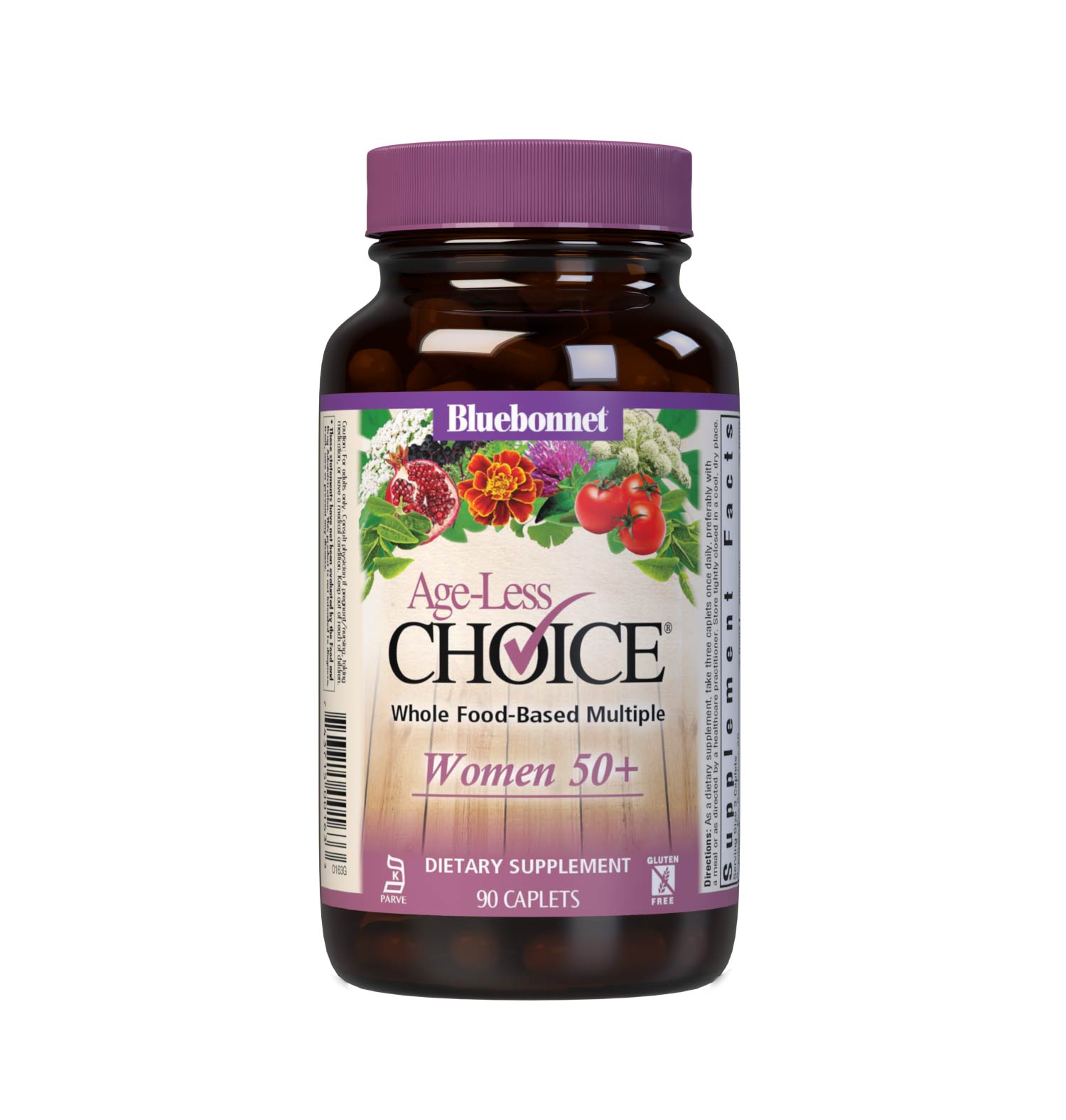 Bluebonnet’s Age-Less Choice for Women 50+ 90 Caplets are a three-a-day whole food-based multivitamin and multimineral dietary supplement designed for women 50+ and are available in easy-to-swallow caplets for maximum assimilation and absorption. #size_90 count