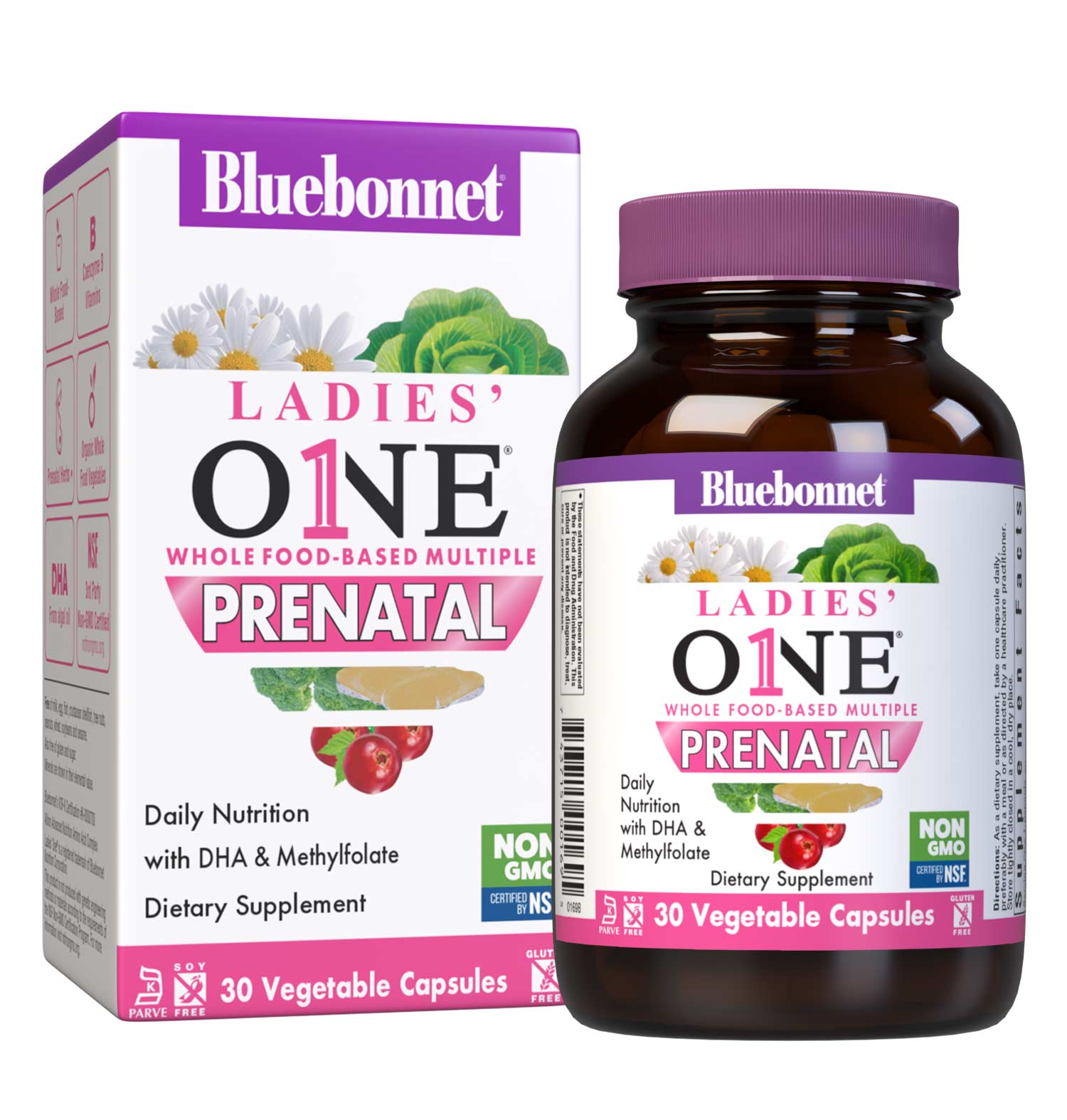 Bluebonnet’s Ladies’ ONE Prenatal Whole Food-Based Multiple 30 vegetable capsules provides daily nutritional support for women trying to conceive, pregnant or nursing in just one convenient capsule per serving. Delivers targeted nutrients for conception and fertility support, healthy pregnancy, proper baby growth and development, and lactation boost. Bottle with box. #size_30 count