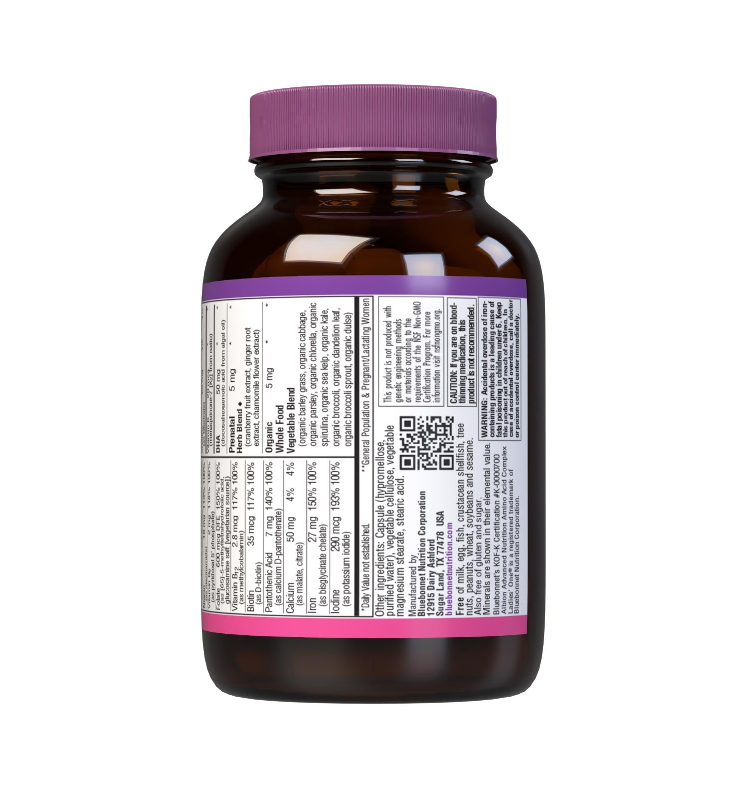 Bluebonnet’s Ladies’ ONE Prenatal Whole Food-Based Multiple 30 vegetable capsules provides daily nutritional support for women trying to conceive, pregnant or nursing in just one convenient capsule per serving. Delivers targeted nutrients for conception and fertility support, healthy pregnancy, proper baby growth and development, and lactation boost. Supplement facts panel bottom part. #size_30 count