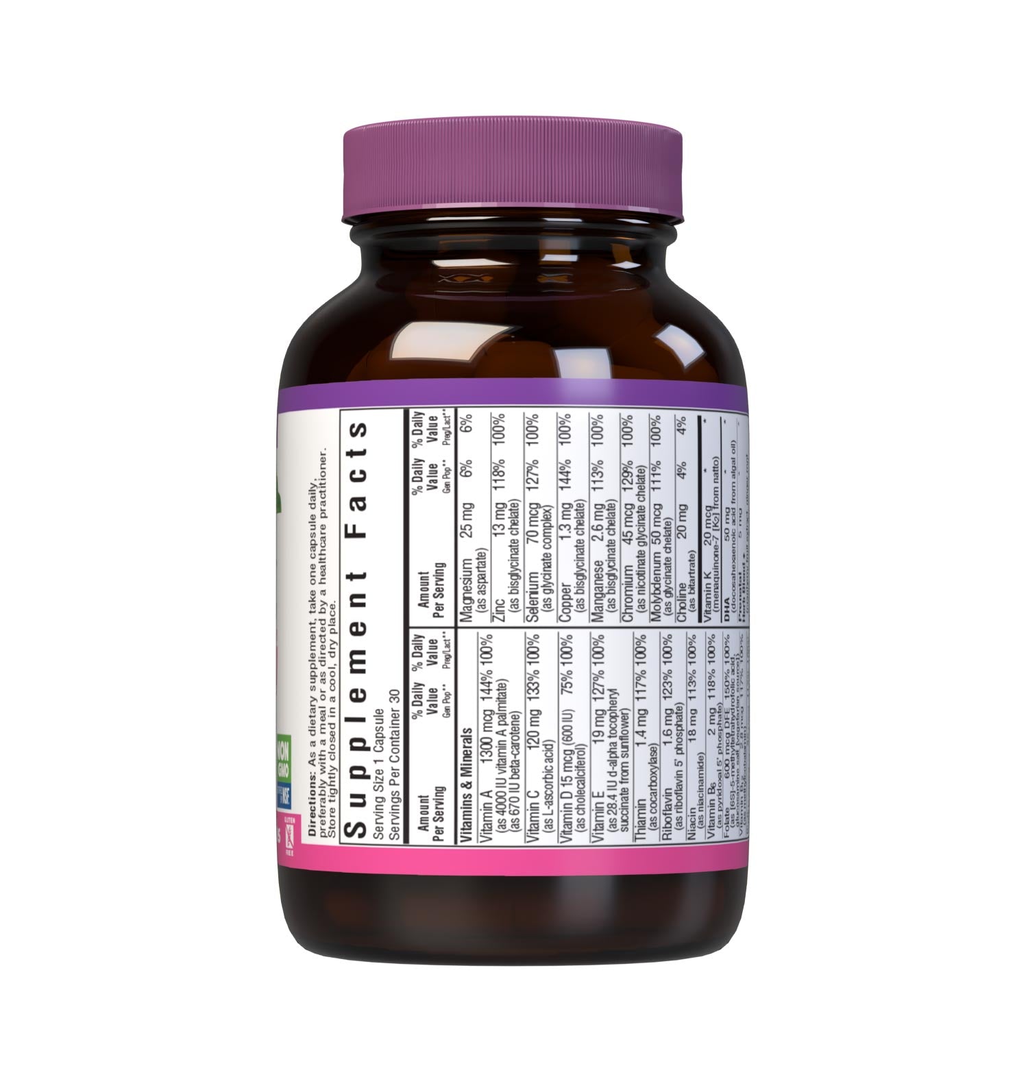 Bluebonnet’s Ladies’ ONE Prenatal Whole Food-Based Multiple 30 vegetable capsules provides daily nutritional support for women trying to conceive, pregnant or nursing in just one convenient capsule per serving. Delivers targeted nutrients for conception and fertility support, healthy pregnancy, proper baby growth and development, and lactation boost. Supplement facts panel top part. #size_30 count