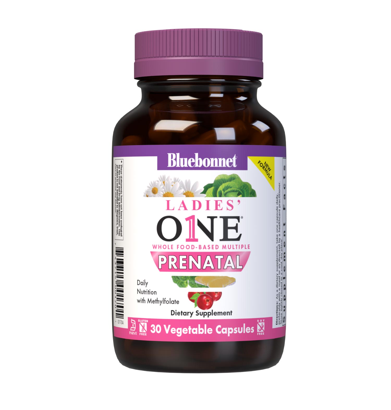 Bluebonnet's Ladies One prenatal whole food-based multiple 30 vegetable capsules is formulated with highly bioavailable non-GMO ingredients such as active coenzyme forms of B vitamins, vitamin K2, vitamin E from sunflower along with sustainably harvested and wildcrafted herbs, superfruits and vegetables. #size_30 count