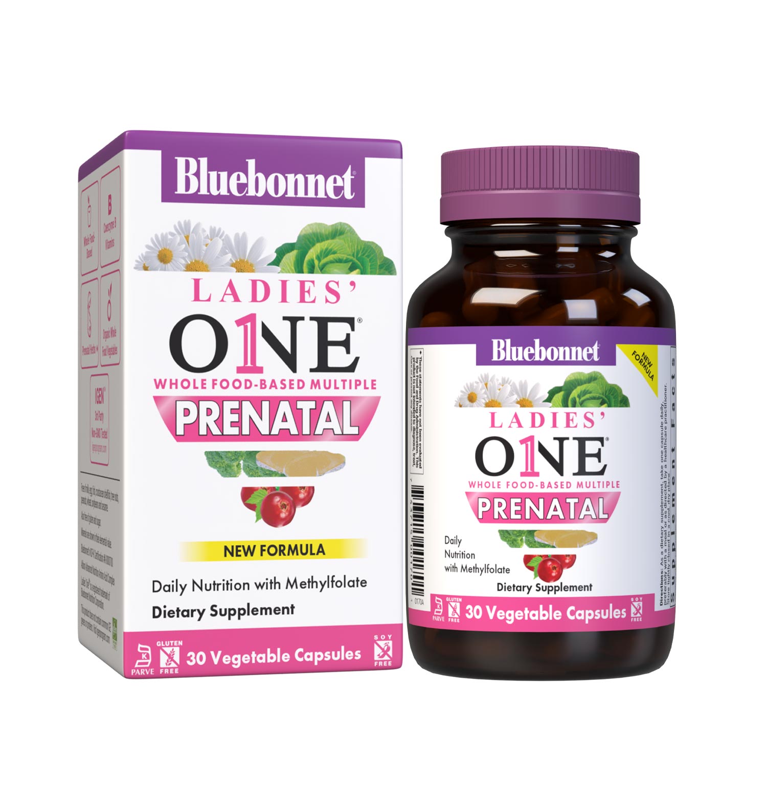 Bluebonnet's Ladies One prenatal whole food-based multiple 30 vegetable capsules is formulated with highly bioavailable non-GMO ingredients such as active coenzyme forms of B vitamins, vitamin K2, vitamin E from sunflower along with sustainably harvested and wildcrafted herbs, superfruits and vegetables. Bottle with box image. #size_30 count