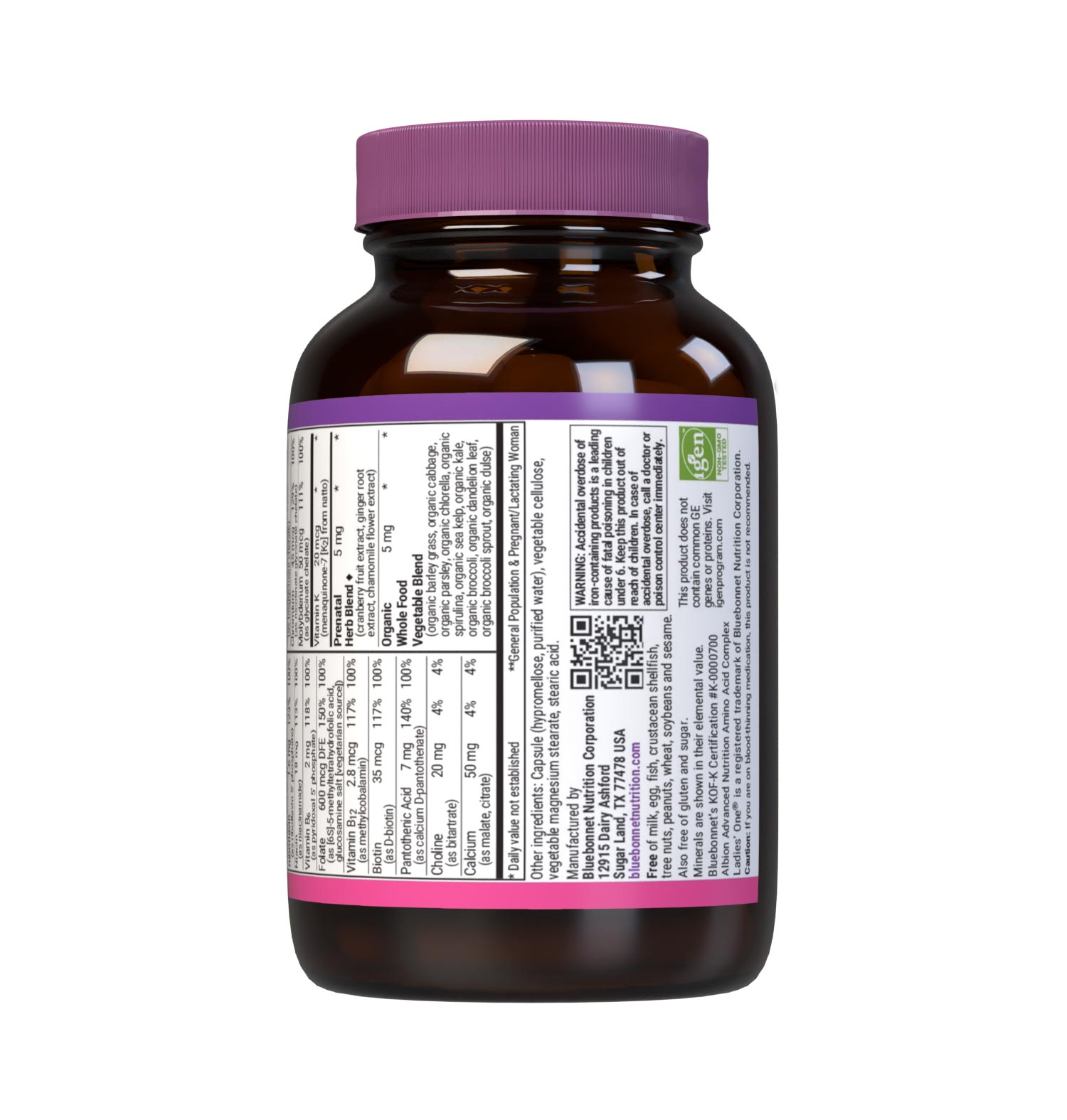 Bluebonnet's Ladies One prenatal whole food-based multiple 30 vegetable capsules is formulated with highly bioavailable non-GMO ingredients such as active coenzyme forms of B vitamins, vitamin K2, vitamin E from sunflower along with sustainably harvested and wildcrafted herbs, superfruits and vegetables. Supplement facts panel bottom. #size_30 count