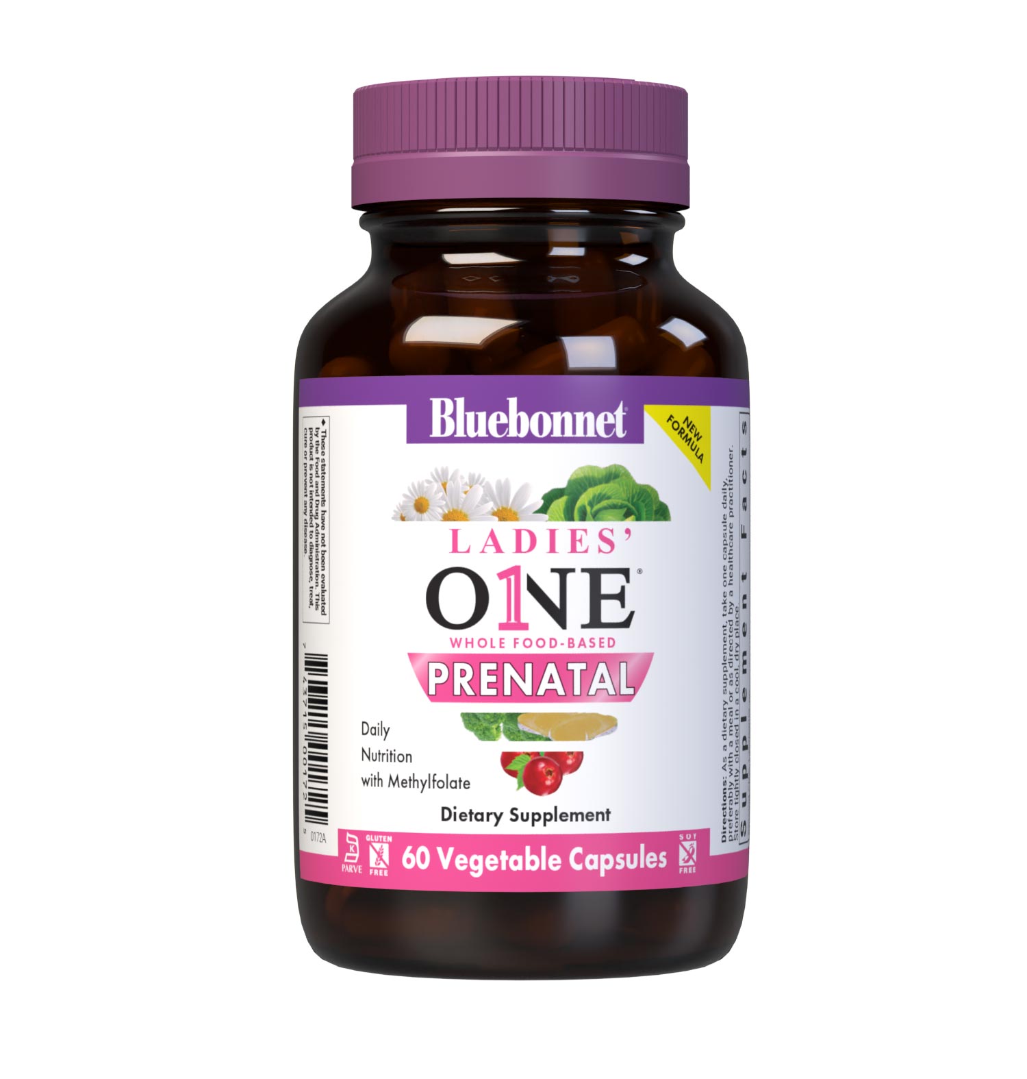 Bluebonnet's Ladies One prenatal whole food-based multiple 30 vegetable capsules is formulated with highly bioavailable non-GMO ingredients such as active coenzyme forms of B vitamins, vitamin K2, vitamin E from sunflower along with sustainably harvested and wildcrafted herbs, superfruits and vegetables. #size_60 count