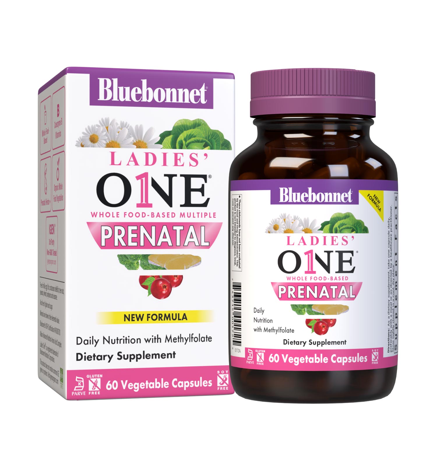 Bluebonnet's Ladies One prenatal whole food-based multiple 30 vegetable capsules is formulated with highly bioavailable non-GMO ingredients such as active coenzyme forms of B vitamins, vitamin K2, vitamin E from sunflower along with sustainably harvested and wildcrafted herbs, superfruits and vegetables. Bottle with box image. #size_60 count