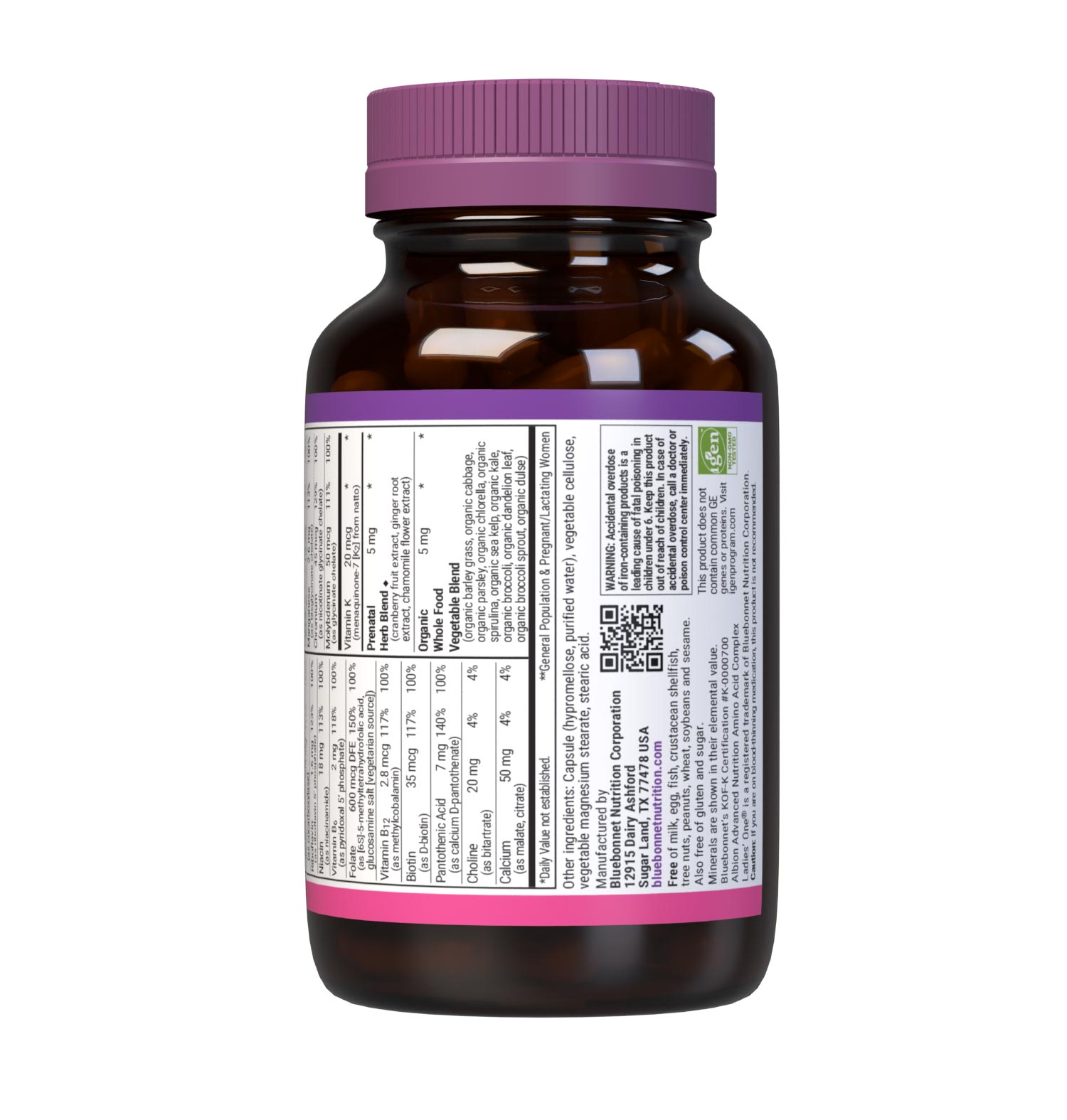 Bluebonnet's Ladies One prenatal whole food-based multiple 30 vegetable capsules is formulated with highly bioavailable non-GMO ingredients such as active coenzyme forms of B vitamins, vitamin K2, vitamin E from sunflower along with sustainably harvested and wildcrafted herbs, superfruits and vegetables. Supplement facts panel bottom. #size_60 count