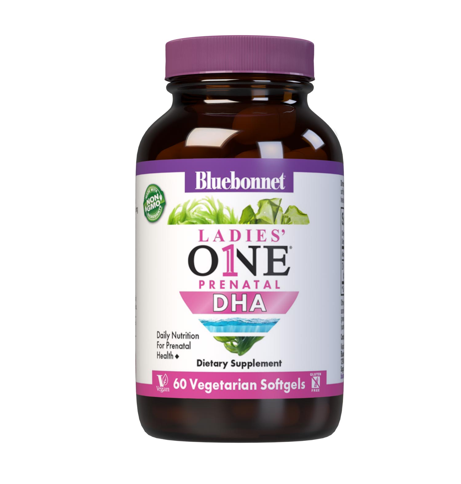 Bluebonnet's Ladies' One Prenatal DHA is formulated with life’sDHA®, a vegetable-based docosahexaenoic acid (DHA) in a triglyceride form derived from marine algae. Life’sDHA® is a complement to any woman’s diet during pregnancy and/or lactation. #size_ 60 count