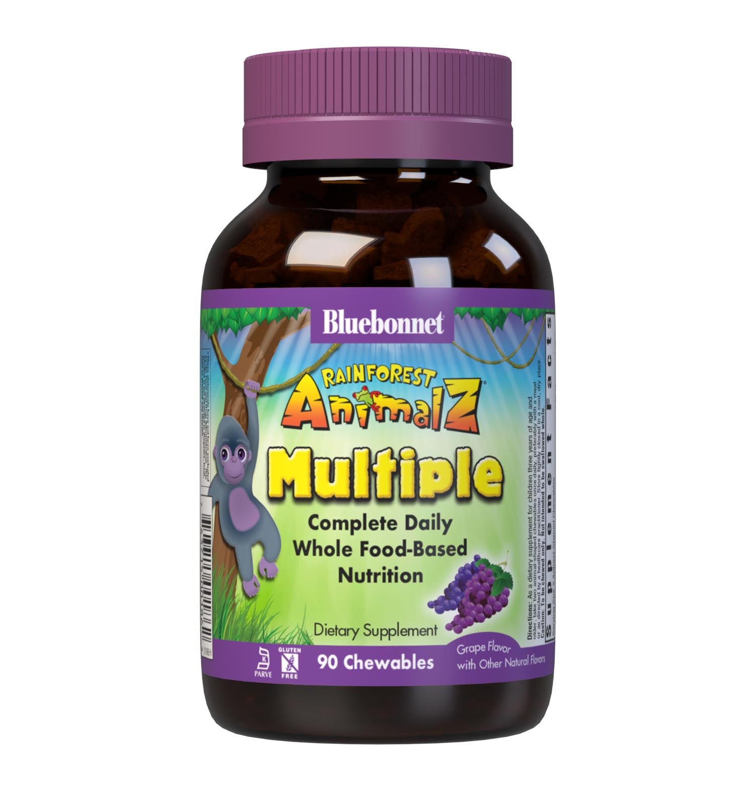 Bluebonnet Rainforest Animalz Whole Food Based Multiple 90 Animal-Shaped Chewable grape flavor tablets help bridge the nutrient gap by providing a comprehensive blend of super fruits and veggies that are rich in essential vitamins and minerals in tasty, delicious flavored chewable tablets to support their growth and developmental needs. #size_90 count