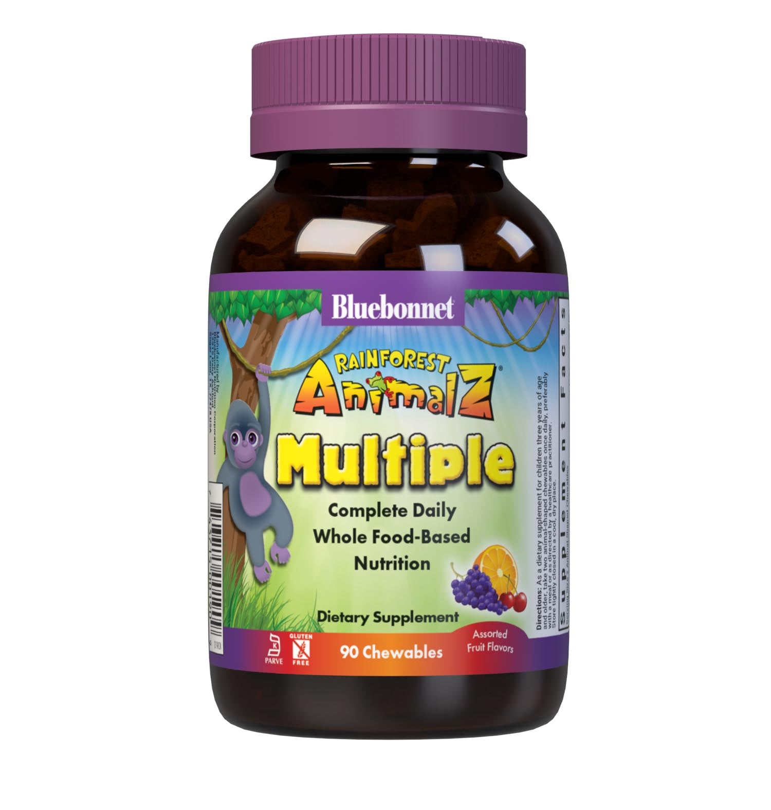 Bluebonnet Rainforest Animalz Whole Food Based Multiple 90 Animal-Shaped Chewable assorted flavor tablets help bridge the nutrient gap by providing a comprehensive blend of super fruits and veggies that are rich in essential vitamins and minerals in tasty, delicious flavored chewable tablets to support their growth and developmental needs. #size_90 count