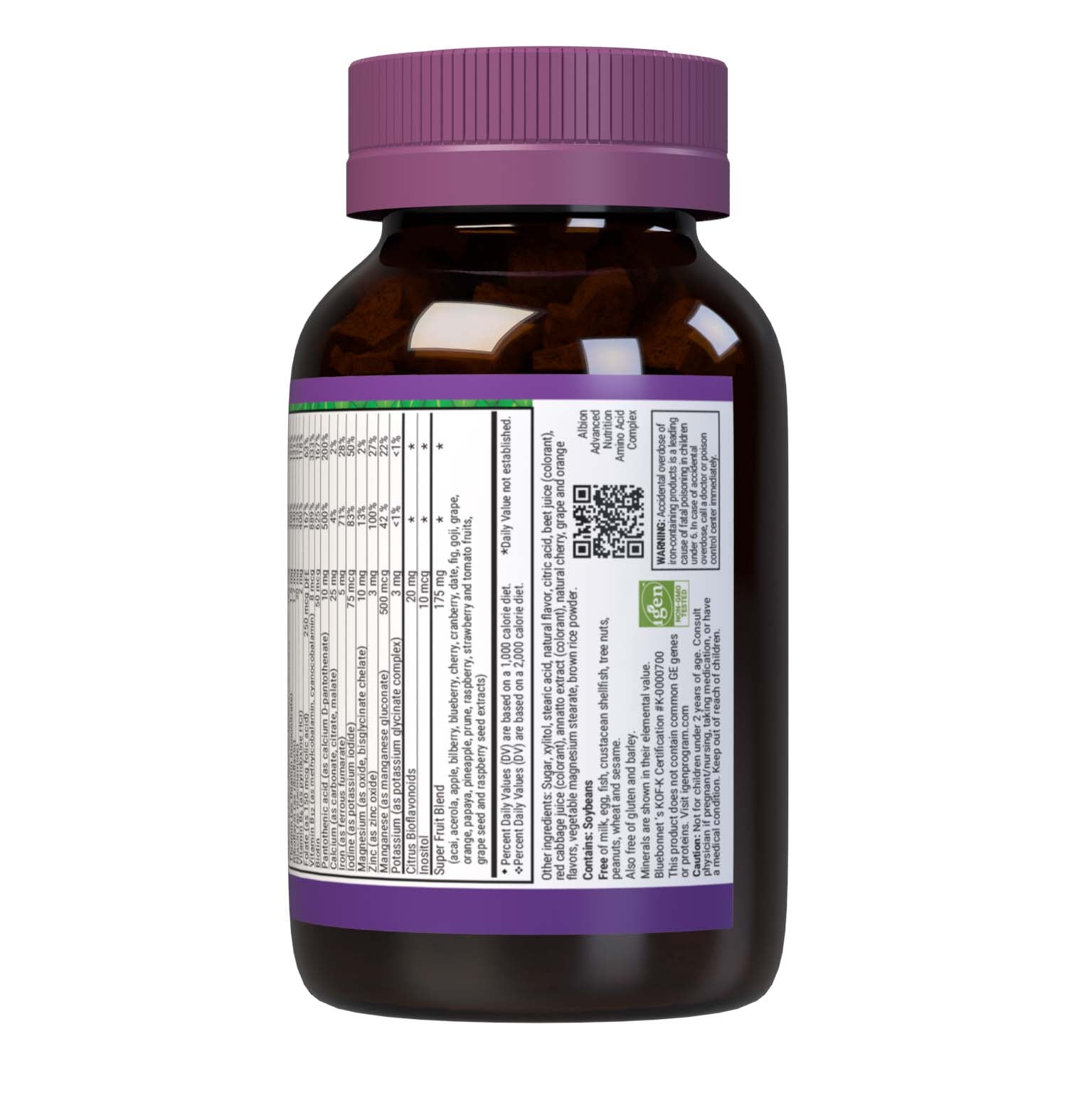 Bluebonnet Rainforest Animalz Whole Food Based Multiple 90 Animal-Shaped Chewable assorted flavor tablets help bridge the nutrient gap by providing a comprehensive blend of super fruits and veggies that are rich in essential vitamins and minerals in tasty, delicious flavored chewable tablets to support their growth and developmental needs. supplement facts panel bottom. #size_90 count