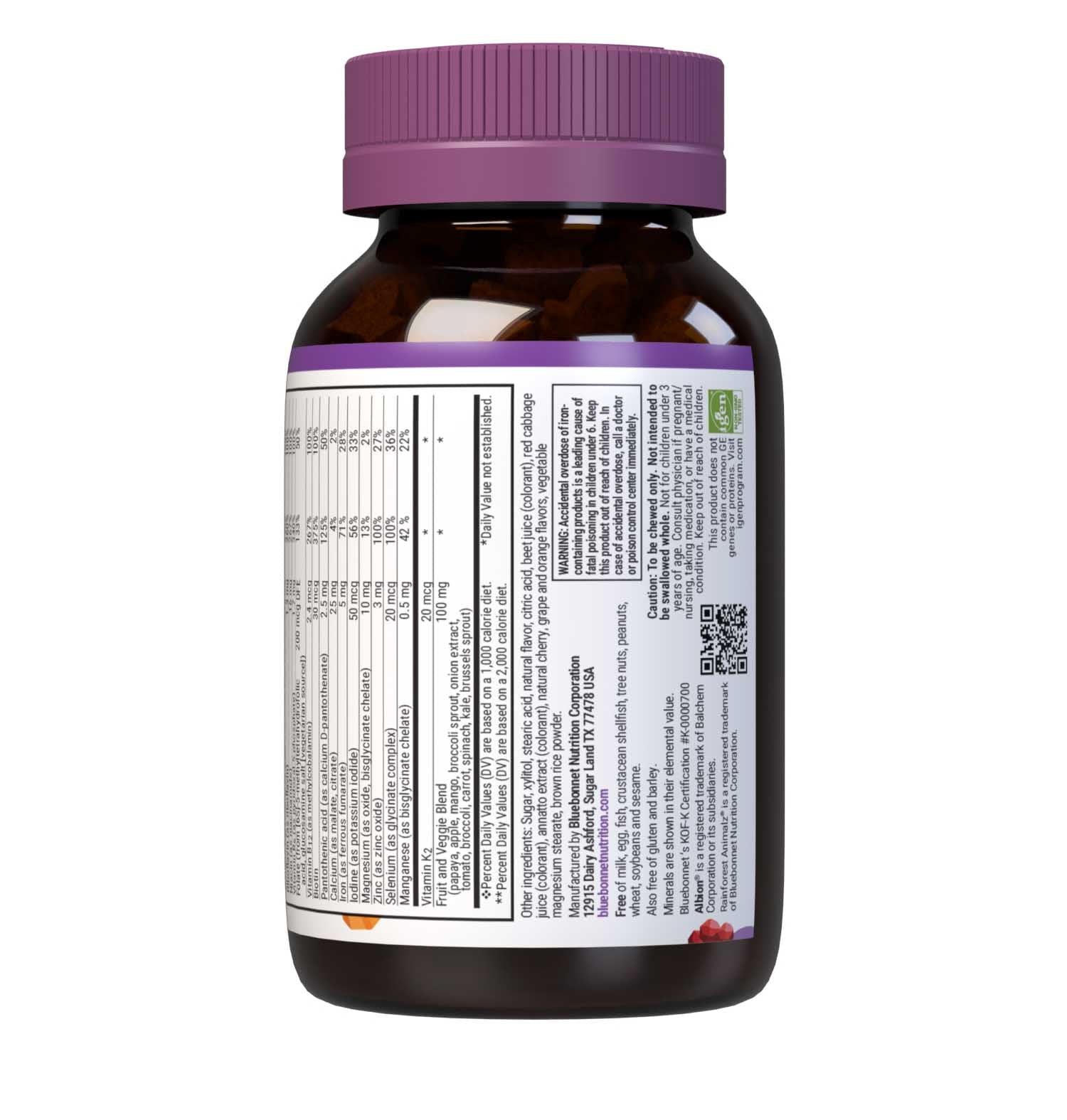 Bluebonnet Rainforest Animalz Whole Food Based Multiple 90 Animal-Shaped Chewable assorted flavor tablets help bridge the nutrient gap by providing a comprehensive blend of super fruits and veggies that are rich in essential vitamins and minerals in tasty, delicious flavored chewable tablets to support their growth and developmental needs. supplement facts panel bottom. #size_90 count