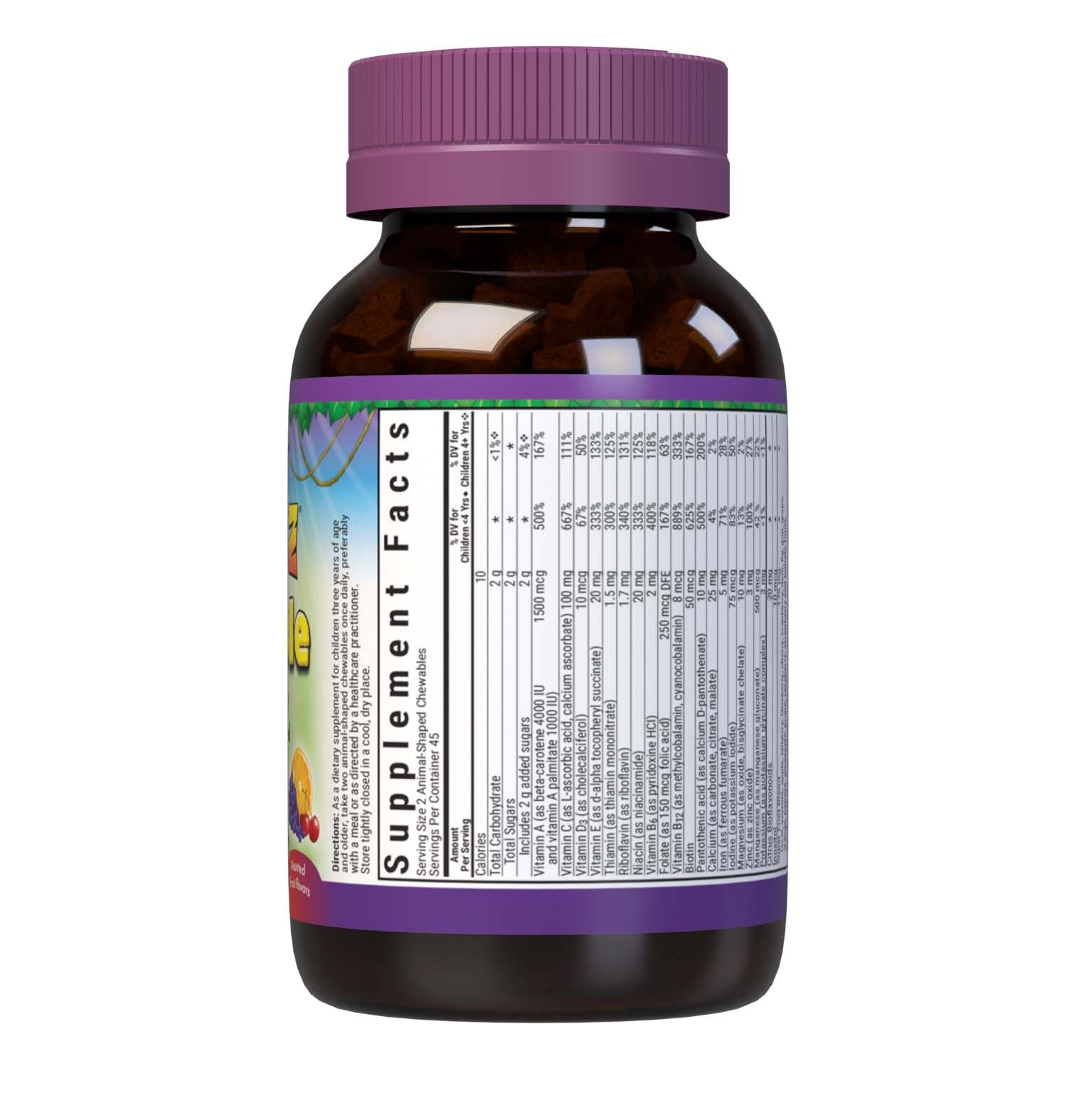 Bluebonnet Rainforest Animalz Whole Food Based Multiple 90 Animal-Shaped Chewable assorted flavor tablets help bridge the nutrient gap by providing a comprehensive blend of super fruits and veggies that are rich in essential vitamins and minerals in tasty, delicious flavored chewable tablets to support their growth and developmental needs. supplement facts panel top. #size_90 count