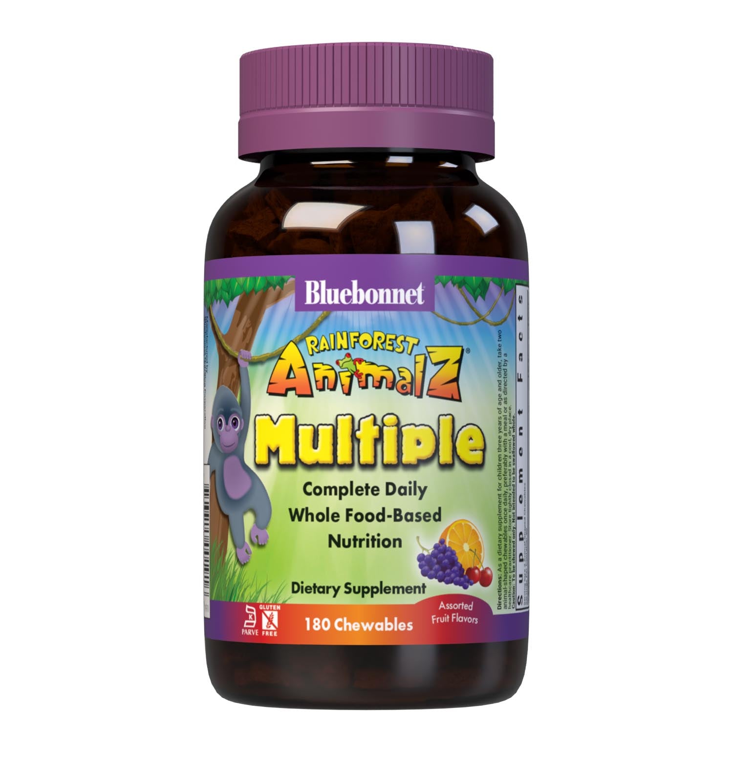 Bluebonnet Rainforest Animalz Whole Food Based Multiple 90 Animal-Shaped Chewable assorted flavor tablets help bridge the nutrient gap by providing a comprehensive blend of super fruits and veggies that are rich in essential vitamins and minerals in tasty, delicious flavored chewable tablets to support their growth and developmental needs. #size_180 count