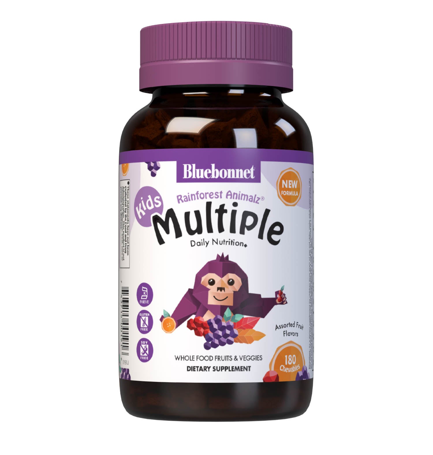 Bluebonnet Rainforest Animalz Whole Food Based Multiple 90 Animal-Shaped Chewable assorted flavor tablets help bridge the nutrient gap by providing a comprehensive blend of super fruits and veggies that are rich in essential vitamins and minerals in tasty, delicious flavored chewable tablets to support their growth and developmental needs. #size_180 count