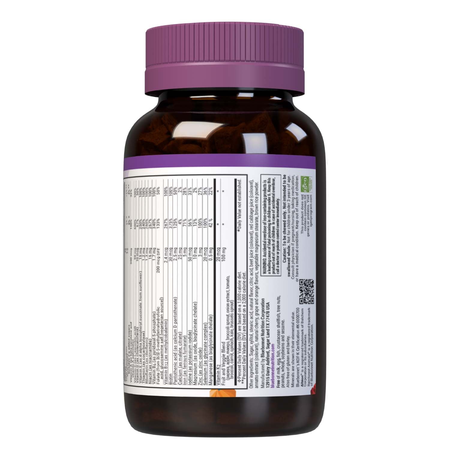 Bluebonnet Rainforest Animalz Whole Food Based Multiple 90 Animal-Shaped Chewable assorted flavor tablets help bridge the nutrient gap by providing a comprehensive blend of super fruits and veggies that are rich in essential vitamins and minerals in tasty, delicious flavored chewable tablets to support their growth and developmental needs. supplement facts panel bottom. #size_180 count