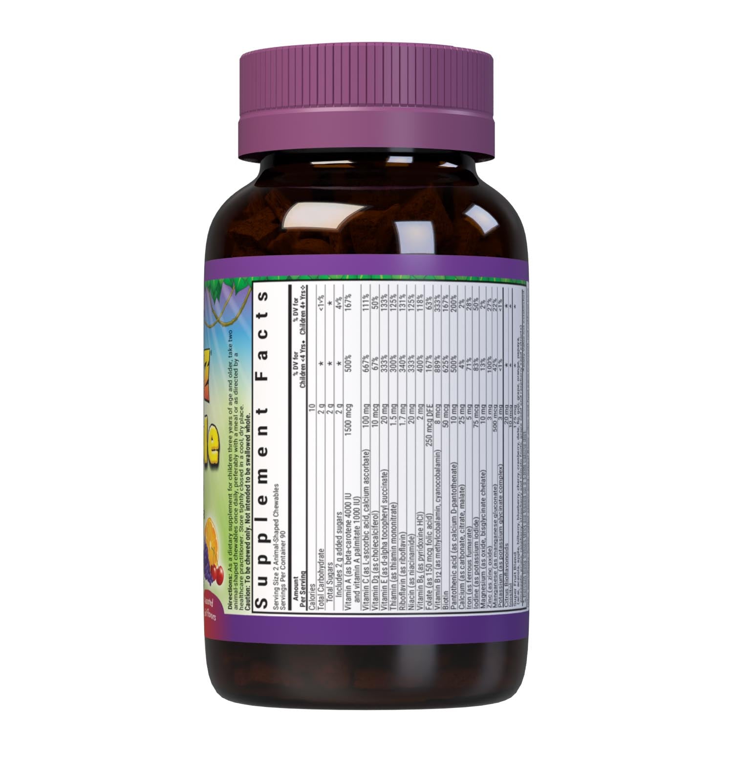 Bluebonnet Rainforest Animalz Whole Food Based Multiple 90 Animal-Shaped Chewable assorted flavor tablets help bridge the nutrient gap by providing a comprehensive blend of super fruits and veggies that are rich in essential vitamins and minerals in tasty, delicious flavored chewable tablets to support their growth and developmental needs. supplement facts panel top. #size_180 count