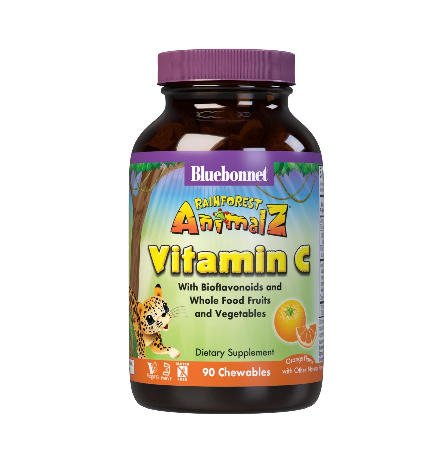 Bluebonnet Rainforest Animalz Vitamin C helps bridge the nutrient gap often found in children's diets with a buffered form of vitamin C from calcium ascorbate as well as L-ascorbic acid in a base of bioflavonoids, super fruits and vegetables to support immune health. All this in just two yummy animal-shaped chewables per serving. #size_90 count