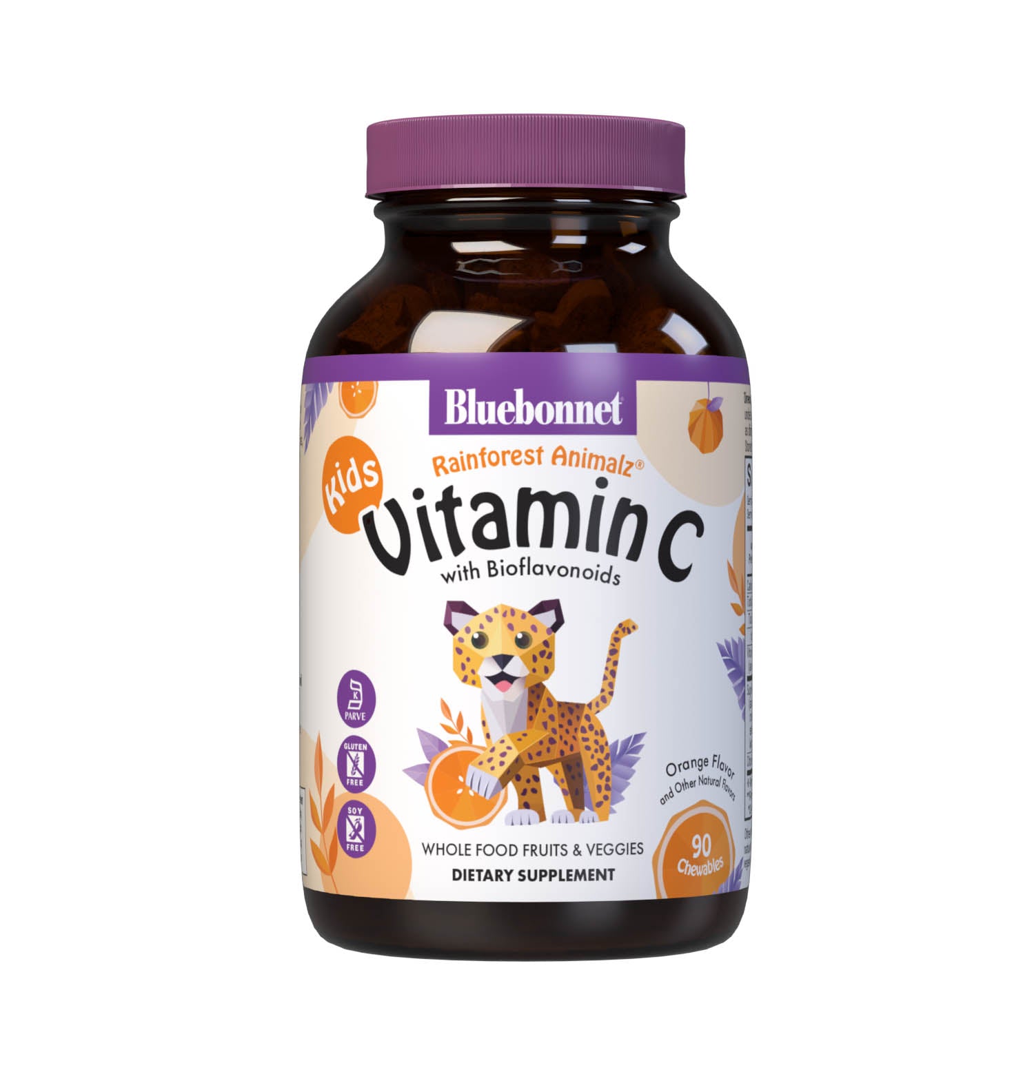 Bluebonnet Rainforest Animalz Vitamin C helps bridge the nutrient gap often found in children's diets with a buffered form of vitamin C from calcium ascorbate as well as L-ascorbic acid in a base of bioflavonoids, super fruits and vegetables to support immune health. All this in just two yummy animal-shaped chewables per serving. #size_90 count