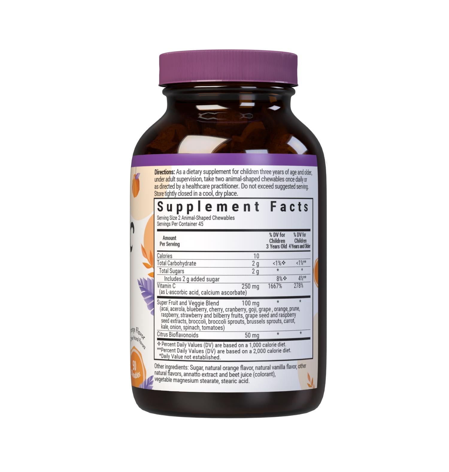 Bluebonnet Rainforest Animalz Vitamin C helps bridge the nutrient gap often found in children's diets with a buffered form of vitamin C from calcium ascorbate as well as L-ascorbic acid in a base of bioflavonoids, super fruits and vegetables to support immune health. All this in just two yummy animal-shaped chewables per serving. Supplement facts panel. #size_90 count