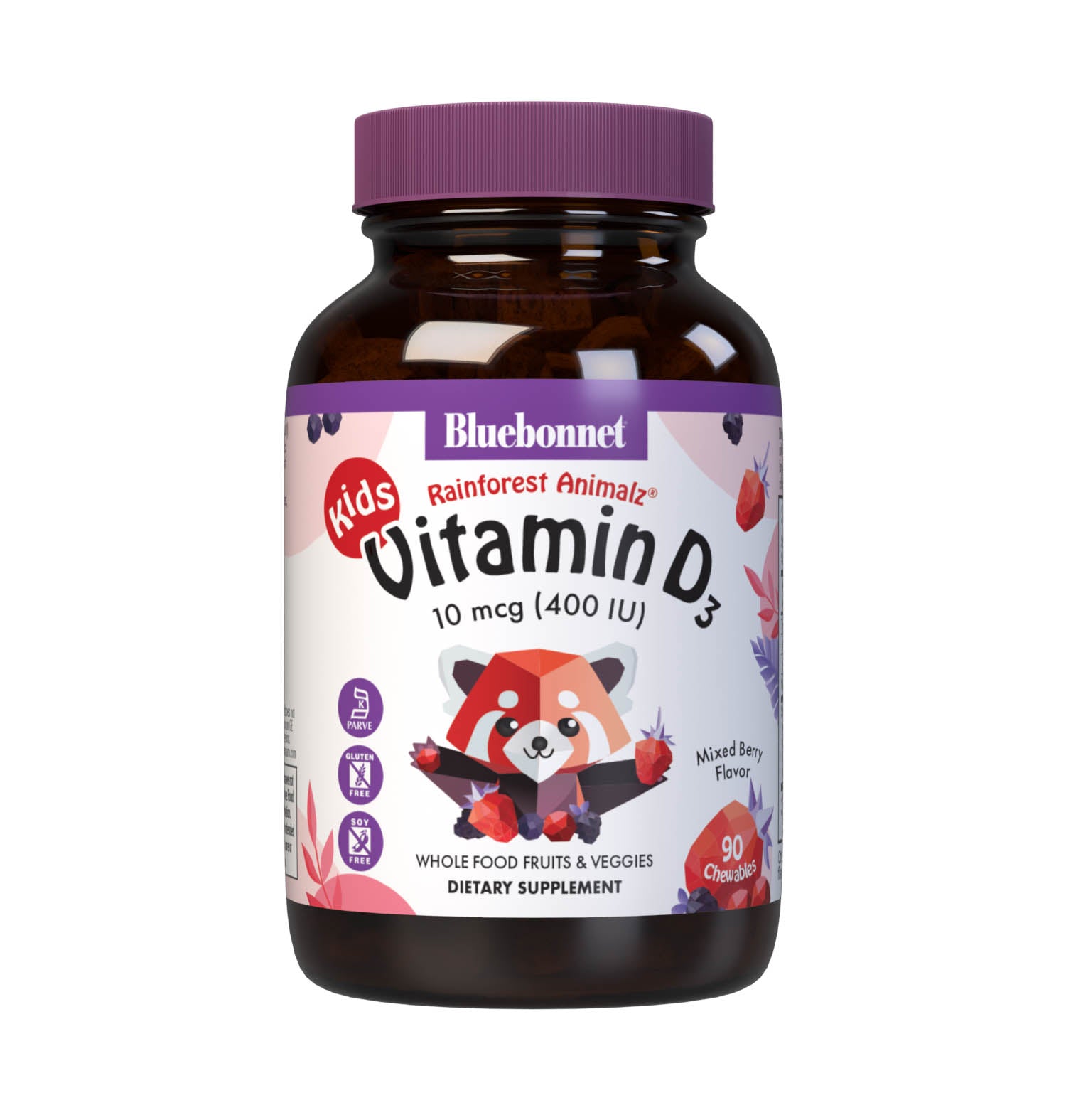 Bluebonnet's Rainforest Animalz® Vitamin D3 400 IU helps bridge the nutrient gap often found in children's diets with a vitamin D3 (cholecalciferol) in a base of super fruits and vegetables to help support strong health bones and immune function. All this in just one yummy chewable per serving. #size_90 count