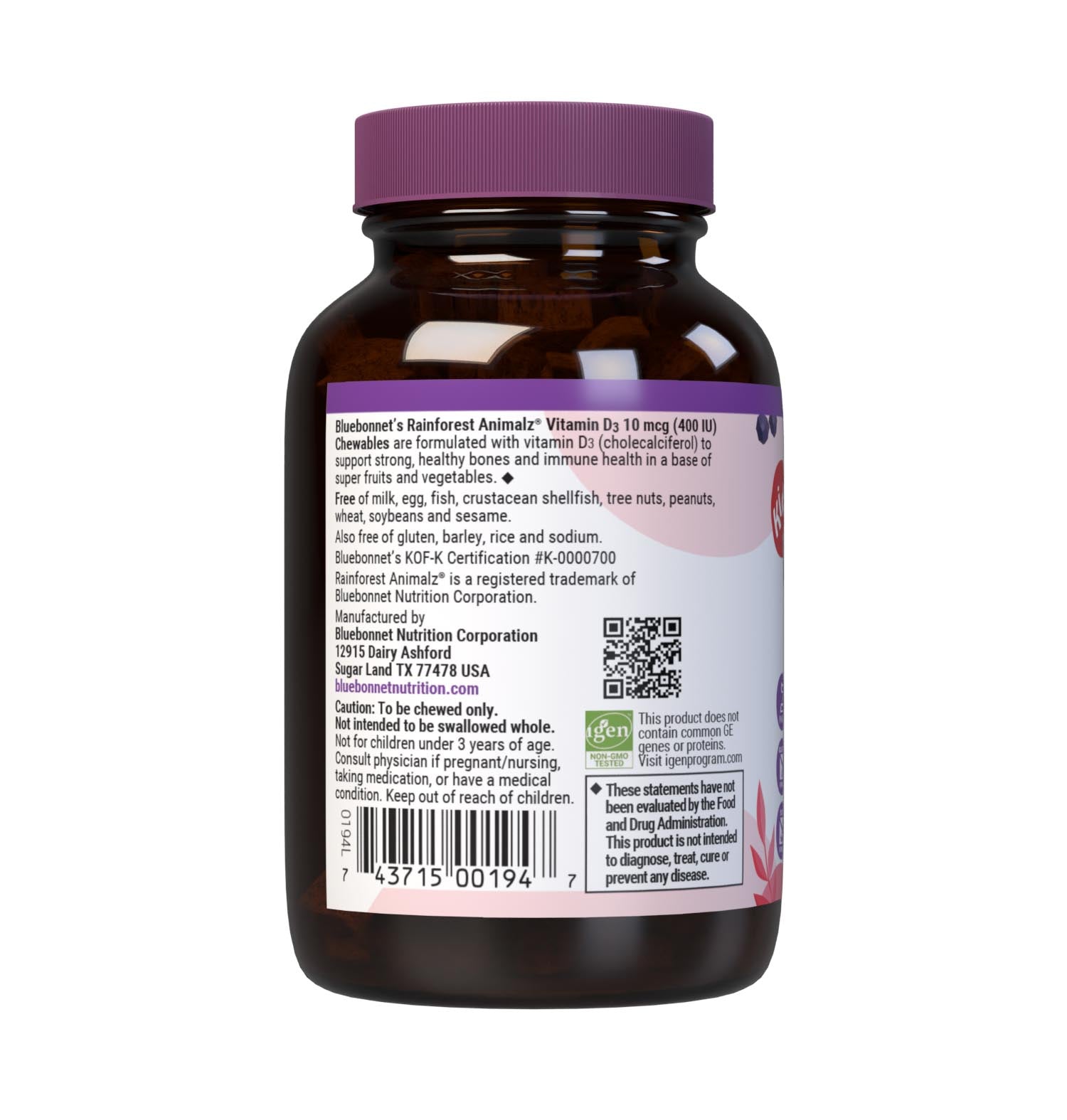 Bluebonnet's Rainforest Animalz® Vitamin D3 400 IU helps bridge the nutrient gap often found in children's diets with a vitamin D3 (cholecalciferol) in a base of super fruits and vegetables to help support strong health bones and immune function. All this in just one yummy chewable per serving. Description panel. #size_90 count