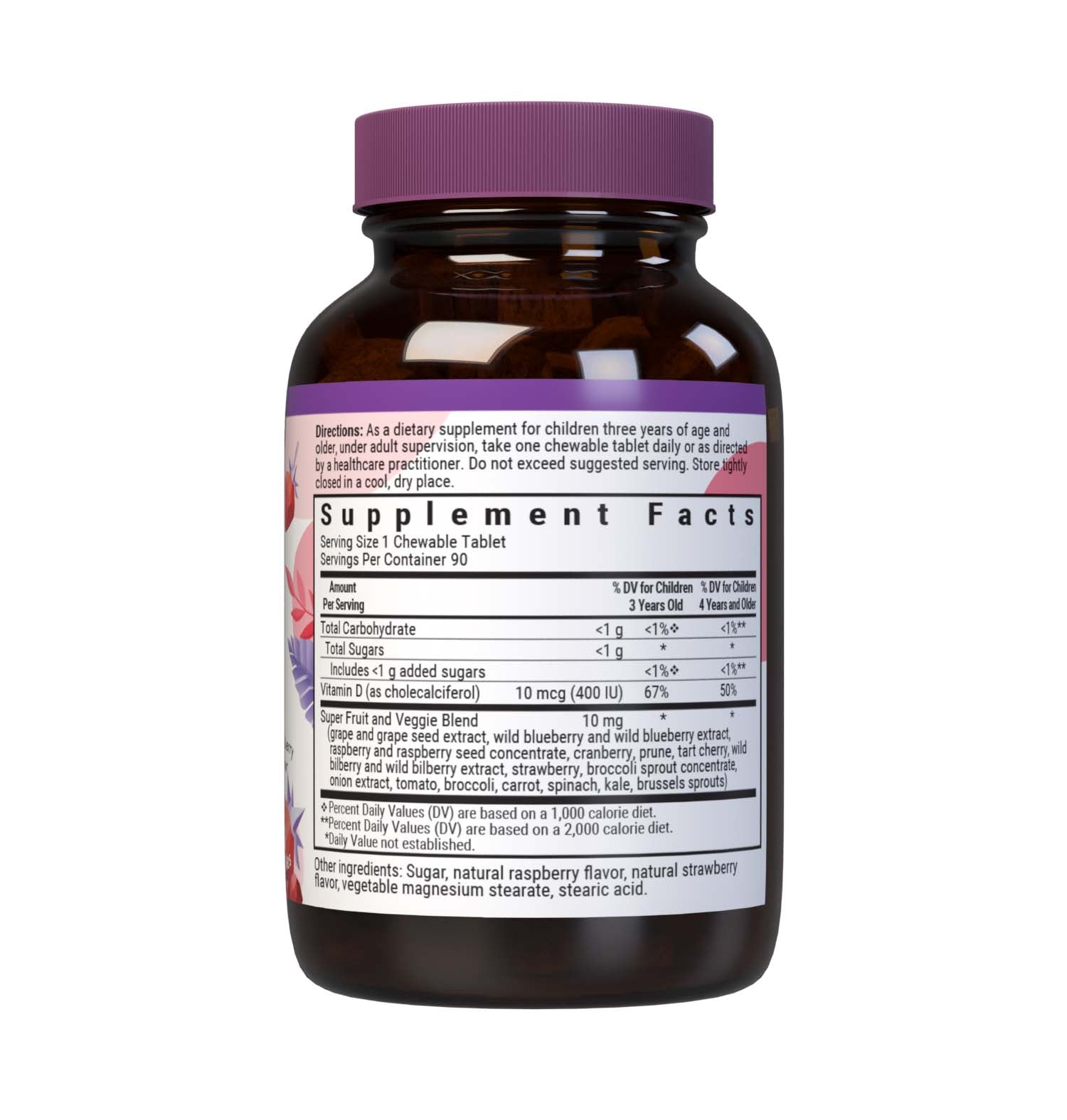 Bluebonnet's Rainforest Animalz® Vitamin D3 400 IU helps bridge the nutrient gap often found in children's diets with a vitamin D3 (cholecalciferol) in a base of super fruits and vegetables to help support strong health bones and immune function. All this in just one yummy chewable per serving. Supplement facts panel. #size_90 count