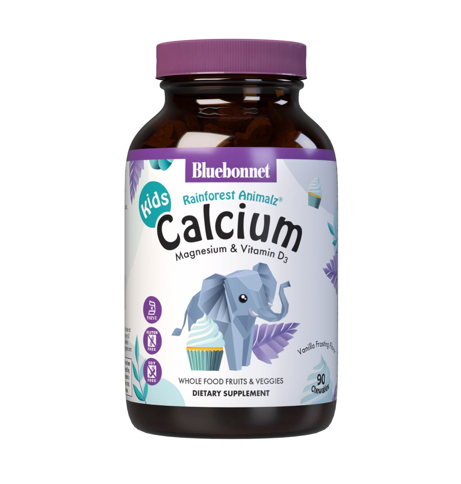 Bluebonnet's Rainforest Animalz Calcium Magnesium & Vitamin D3 90 chewables helps bridge the nutrient gap often found in children's diets with more absorbable forms of calcium, magnesium, as well as vitamin D3 (cholecalciferol) to help support strong bones and healthy teeth in a base of super fruits and vegetables. All this in just two yummy animal-shaped chewables per serving. #size_90 count