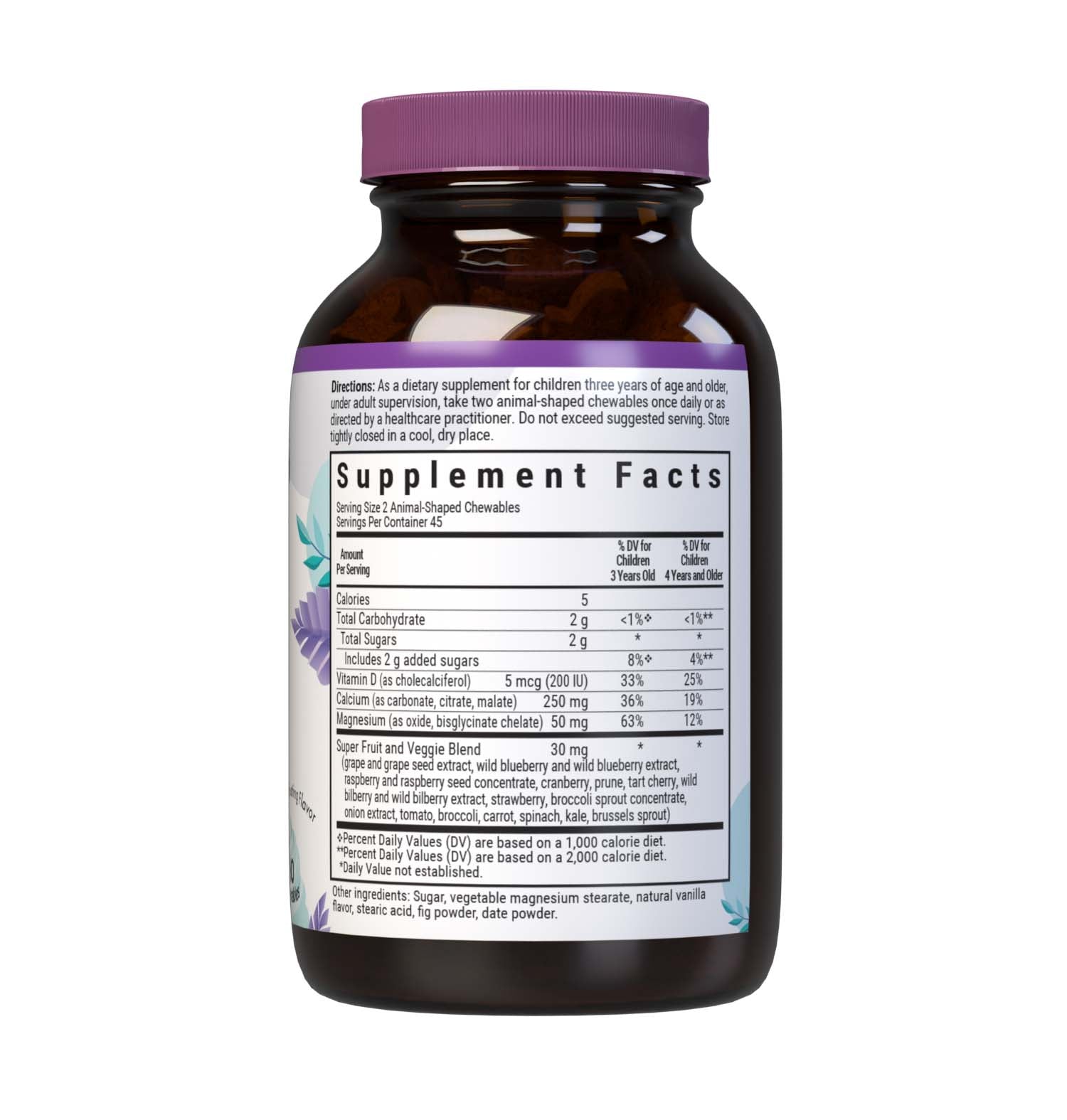 Bluebonnet's Rainforest Animalz Calcium Magnesium & Vitamin D3 90 chewables helps bridge the nutrient gap often found in children's diets with more absorbable forms of calcium, magnesium, as well as vitamin D3 (cholecalciferol) to help support strong bones and healthy teeth in a base of super fruits and vegetables. All this in just two yummy animal-shaped chewables per serving. Supplement facts panel. #size_90 count