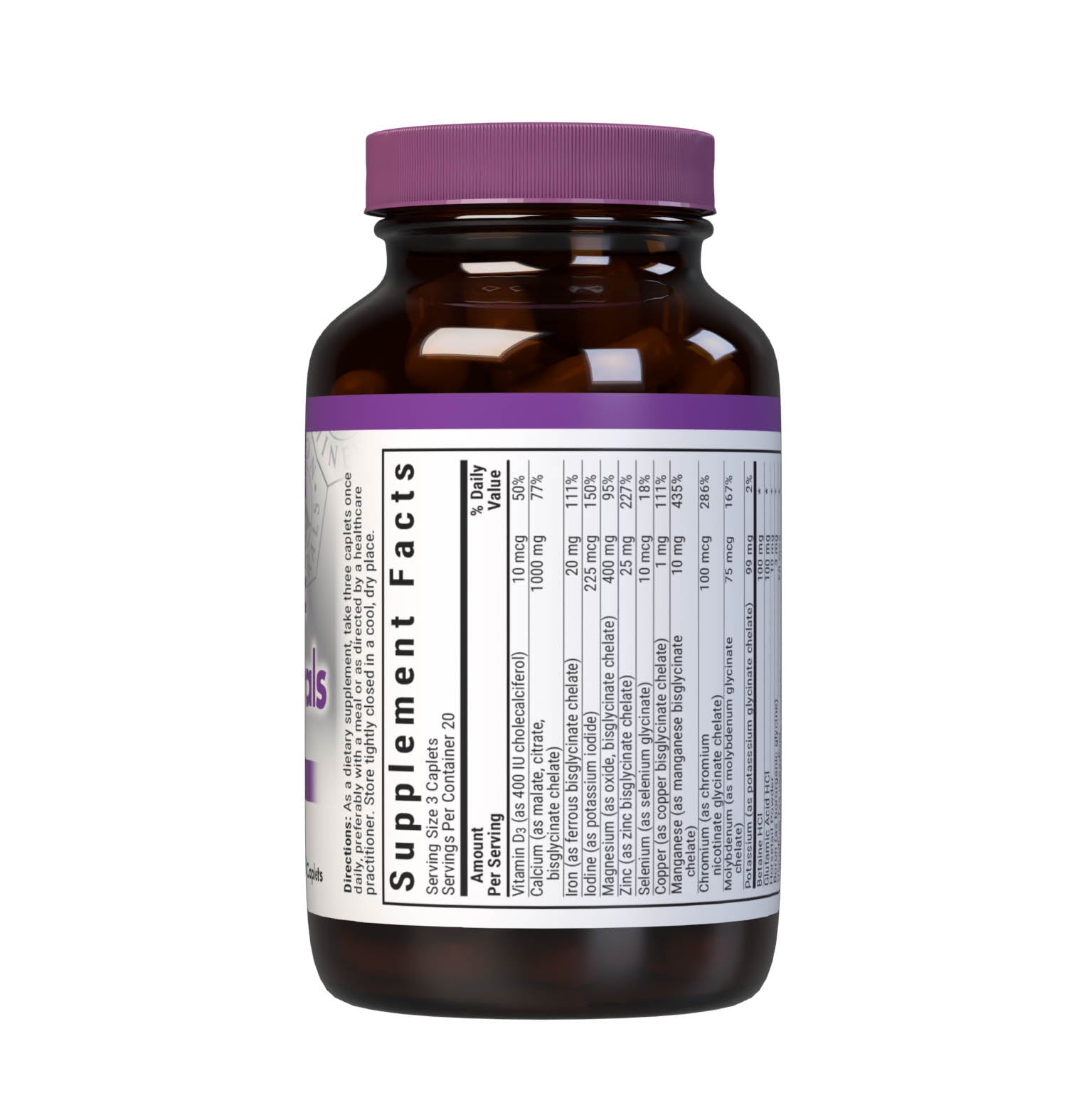 Bluebonnet’s Albion Chelated Multiminerals 60 Caplets are formulated with a fully reacted amino acid chelate multimineral supplement formulated with iron and advanced chelating agents, including: malates, citrates and glycinates. Supplement facts panel, top part. #size_60 count