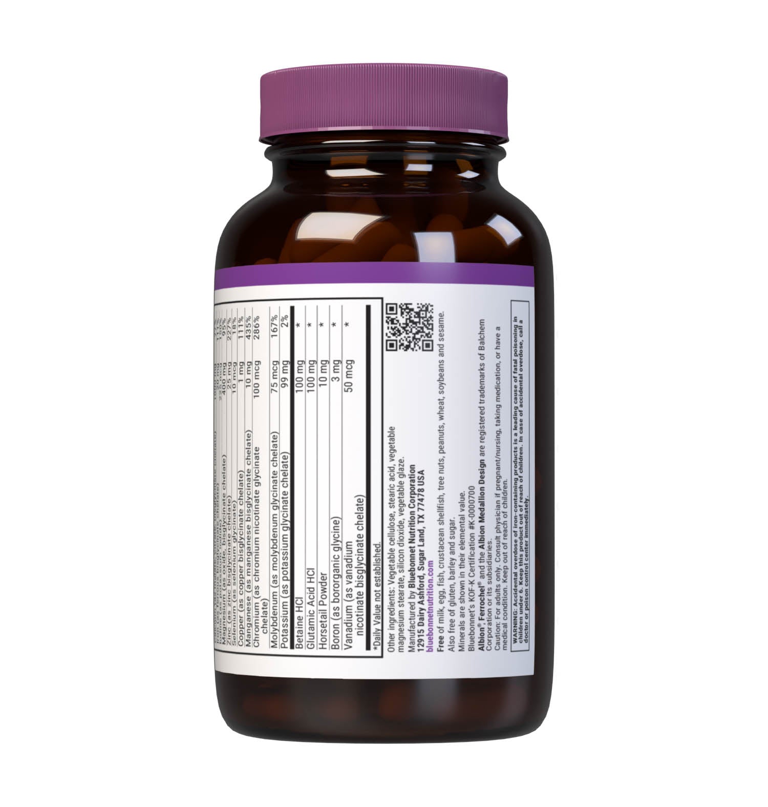 Bluebonnet’s Albion Chelated Multiminerals 120 Caplets are formulated with a fully reacted amino acid chelate multimineral supplement formulated with iron and advanced chelating agents, including: malates, citrates and glycinates. Supplement facts panel, bottom. #size_120 count