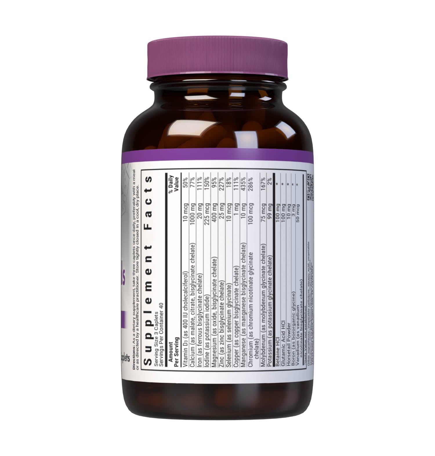 Bluebonnet’s Albion Chelated Multiminerals 120 Caplets are formulated with a fully reacted amino acid chelate multimineral supplement formulated with iron and advanced chelating agents, including: malates, citrates and glycinates. Supplement facts panel, top. #size_120 count