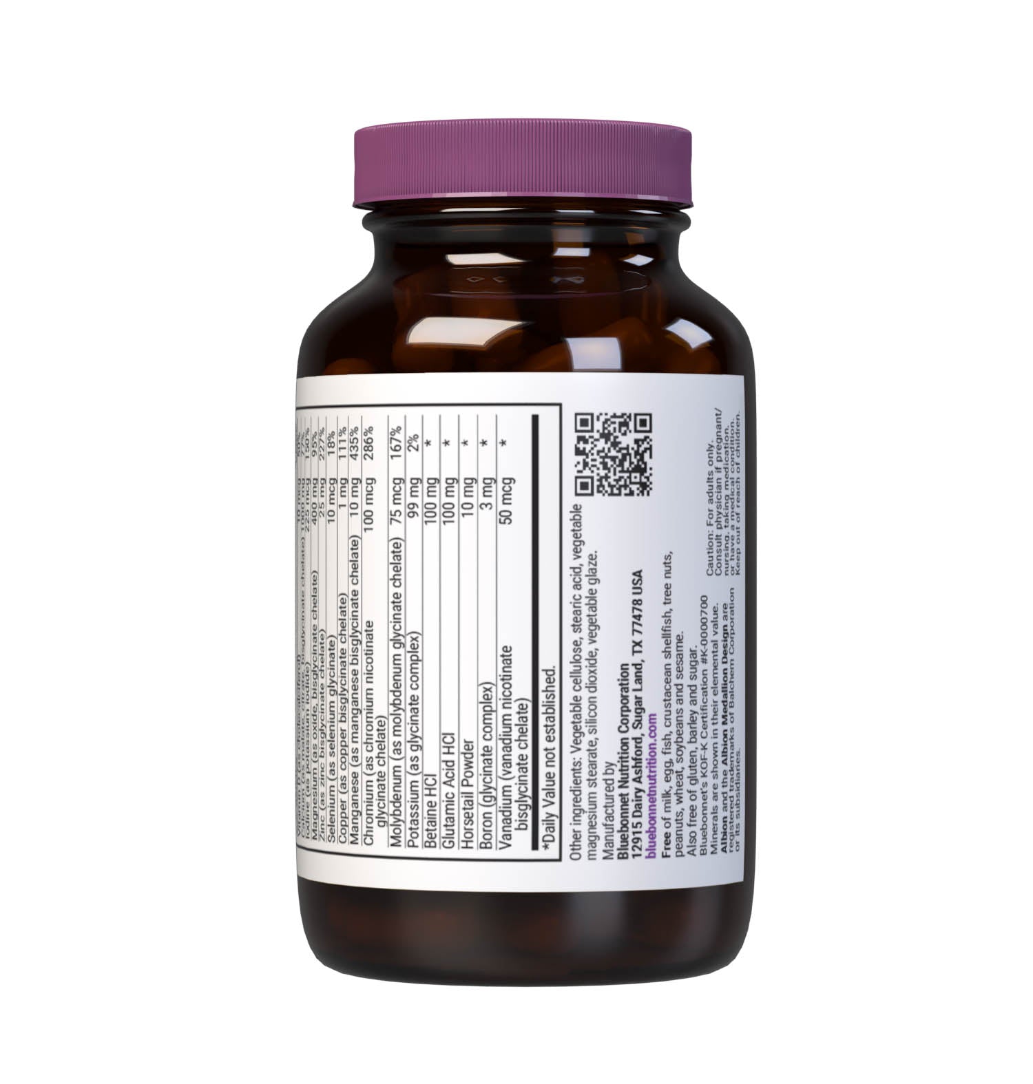 Bluebonnet’s Albion Chelated Multiminerals 60 Caplets (Iron-Free) are formulated with a fully reacted amino acid chelate multimineral supplement formulated with iron and advanced chelating agents, including: malates, citrates and glycinates. Supplement facts panel bottom. #size_60 count