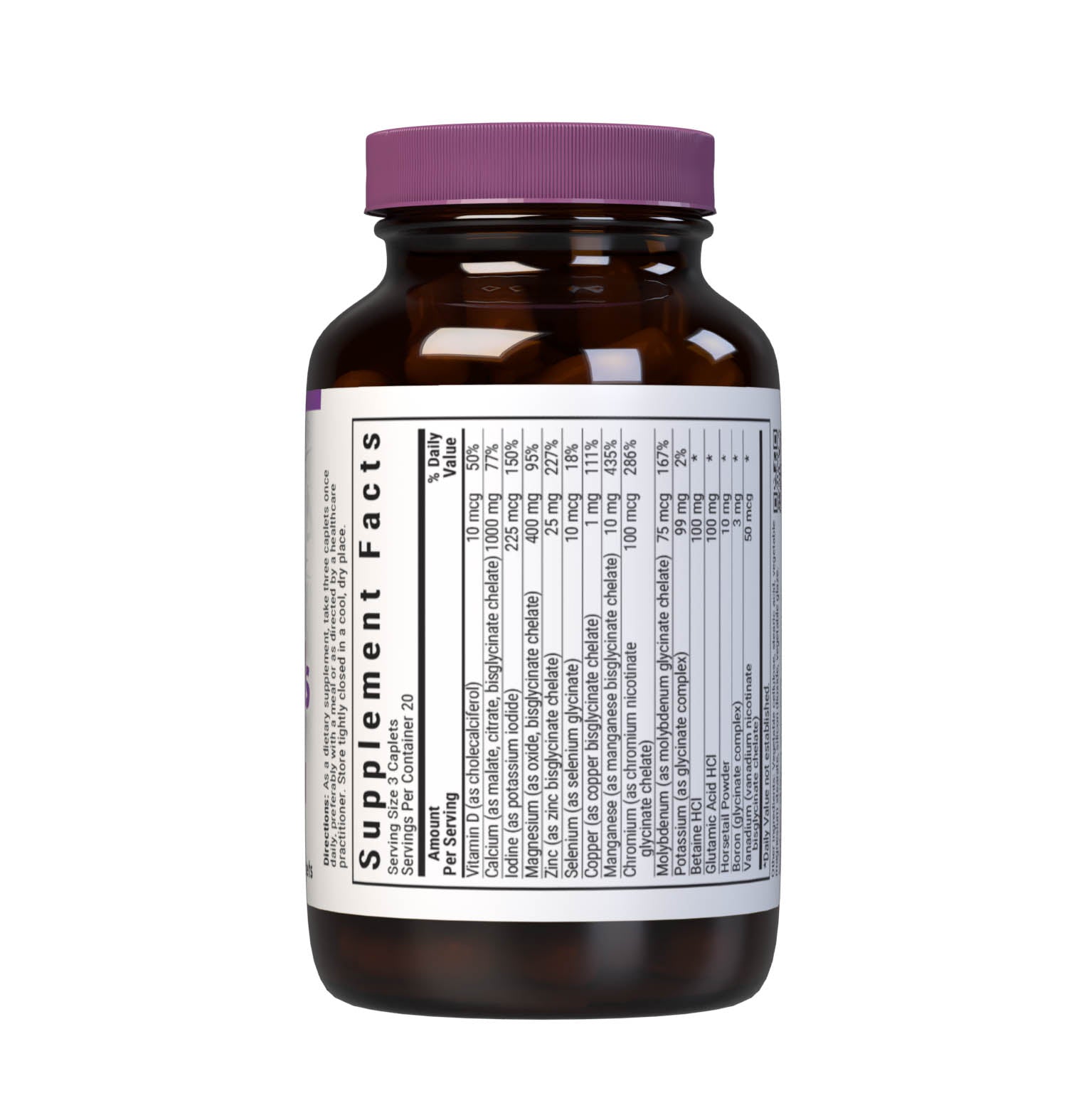 Bluebonnet’s Albion Chelated Multiminerals 60 Caplets (Iron-Free) are formulated with a fully reacted amino acid chelate multimineral supplement formulated with iron and advanced chelating agents, including: malates, citrates and glycinates. Supplement facts panel top. #size_60 count