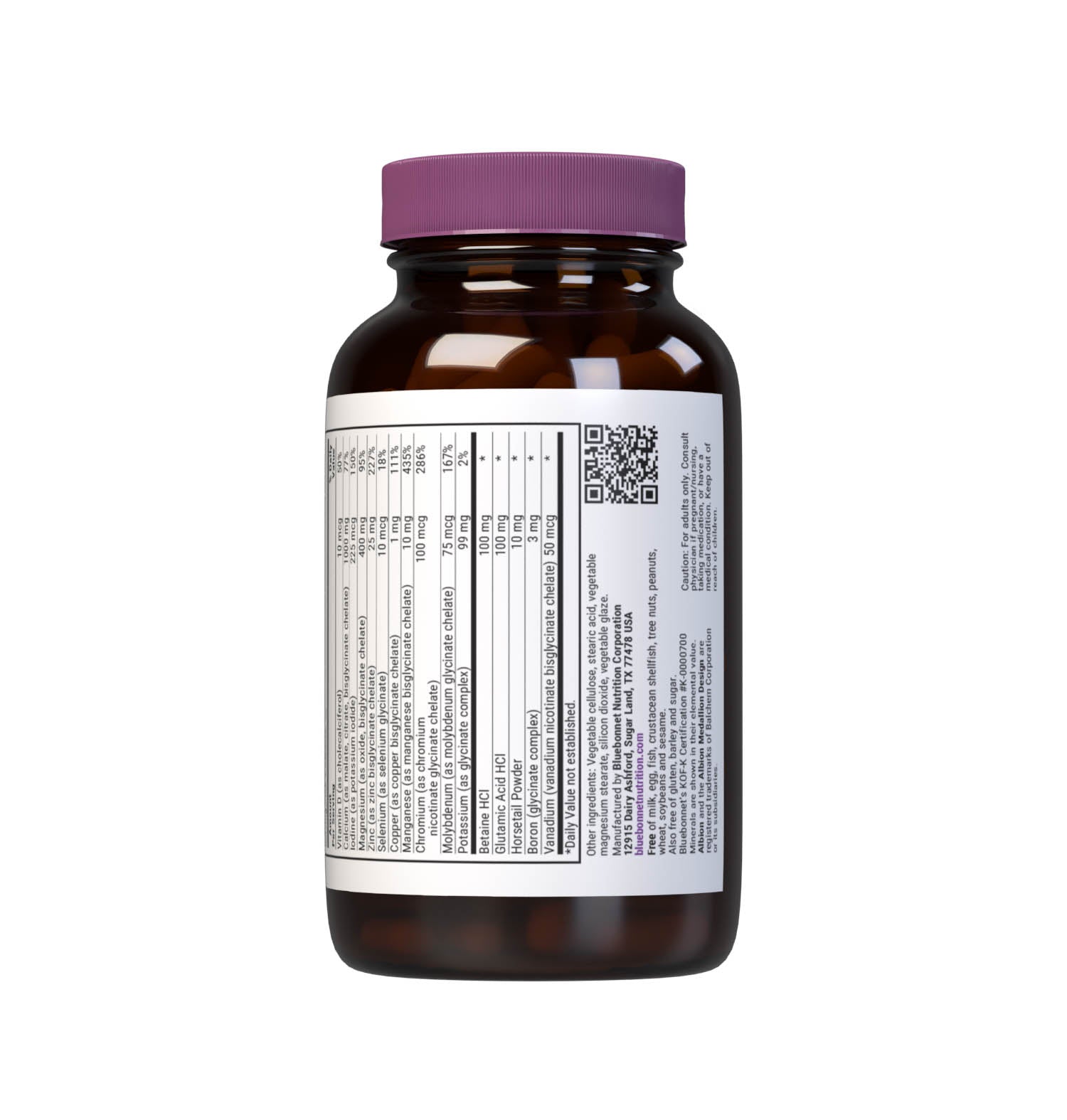 Bluebonnet’s Albion Chelated Multiminerals 120 Caplets (Iron-Free) are formulated with a fully reacted amino acid chelate multimineral supplement formulated with iron and advanced chelating agents, including: malates, citrates and glycinates. Supplement facts panel bottom part. #size_120 count