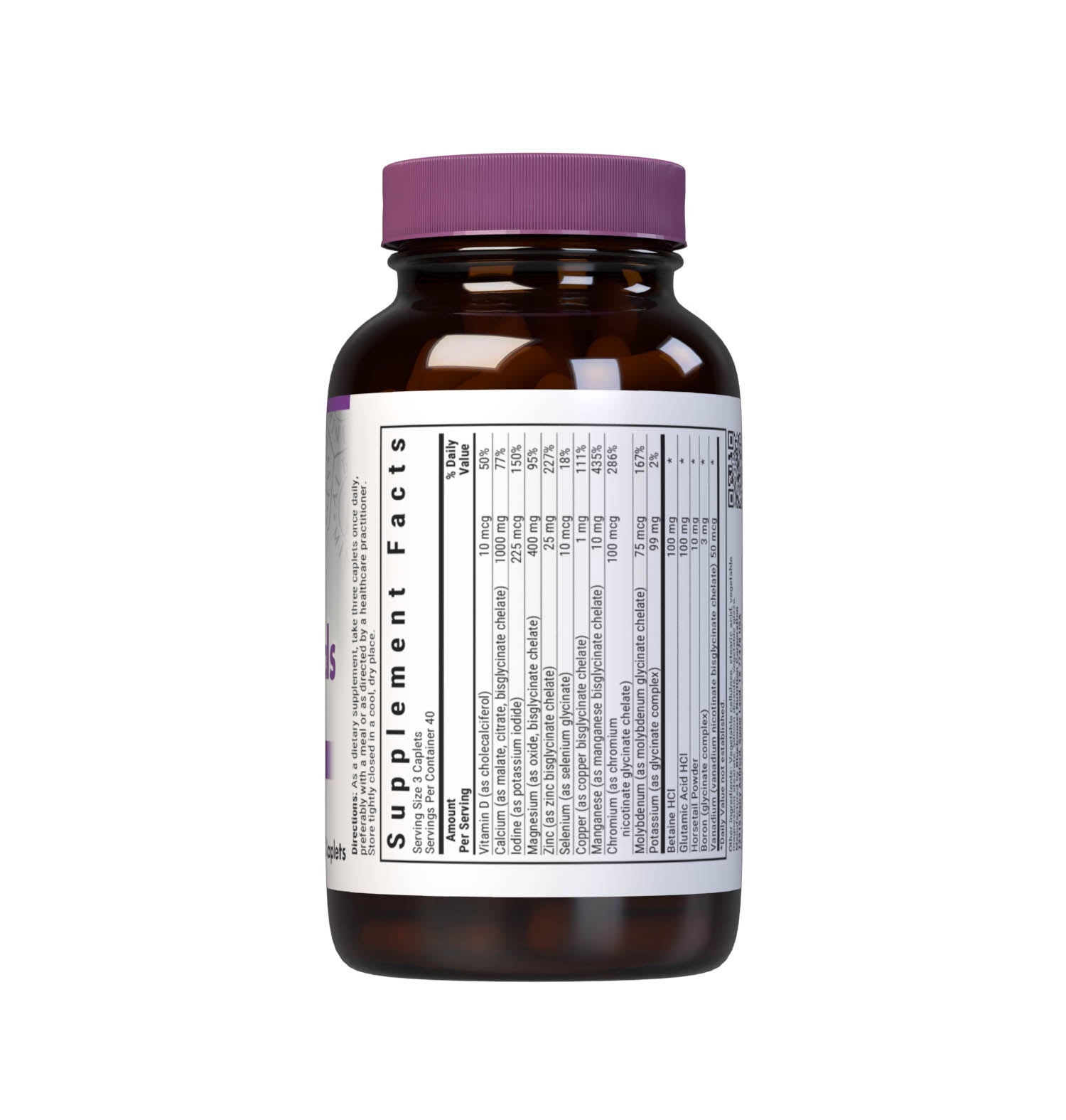 Bluebonnet’s Albion Chelated Multiminerals 120 Caplets (Iron-Free) are formulated with a fully reacted amino acid chelate multimineral supplement formulated with iron and advanced chelating agents, including: malates, citrates and glycinates. Supplement facts panel top part. #size_120 count