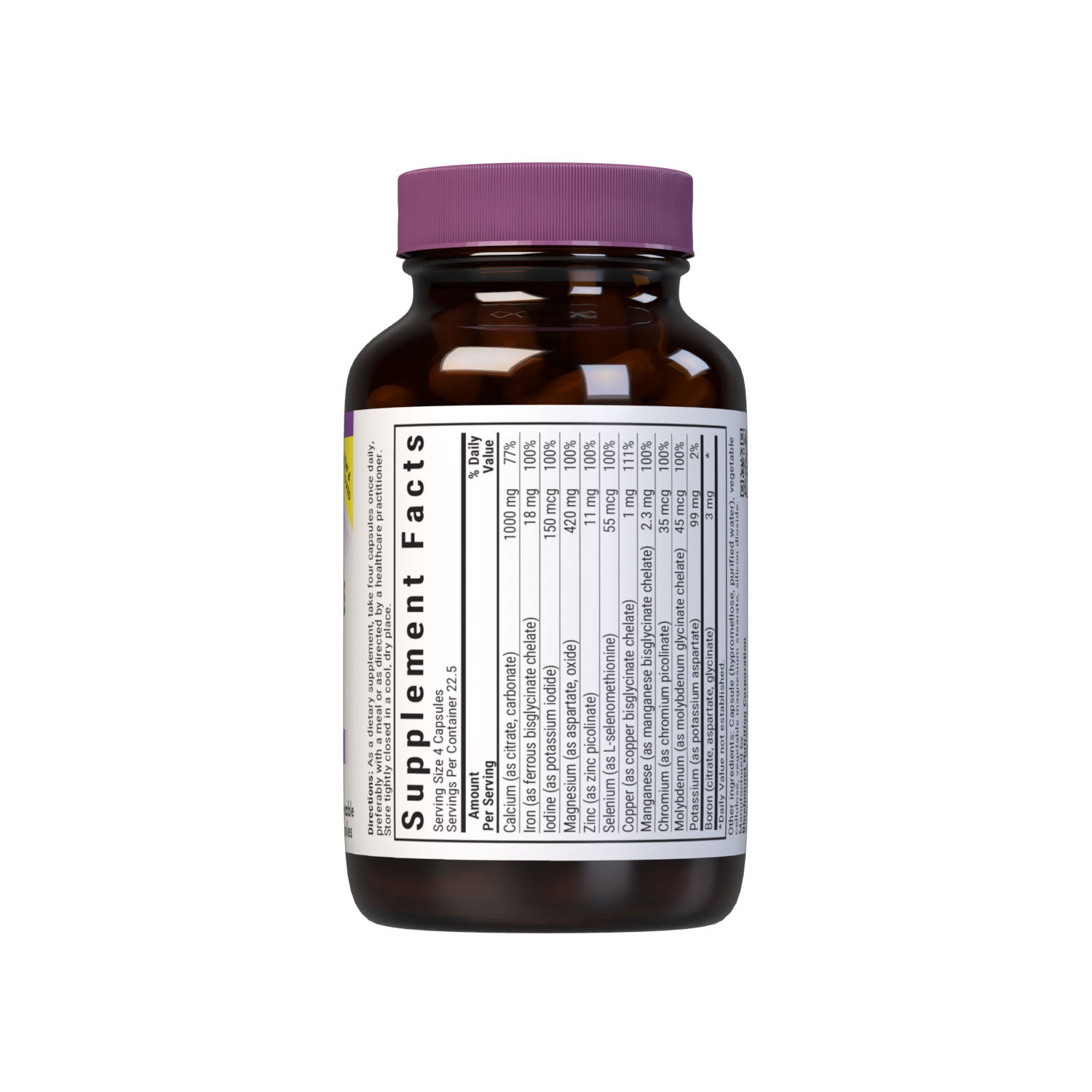 Multiminerals and Boron 90 vegetable capsules (with iron). Full spectrum dietary supplement. Supplement facts panel top. #size_90 count