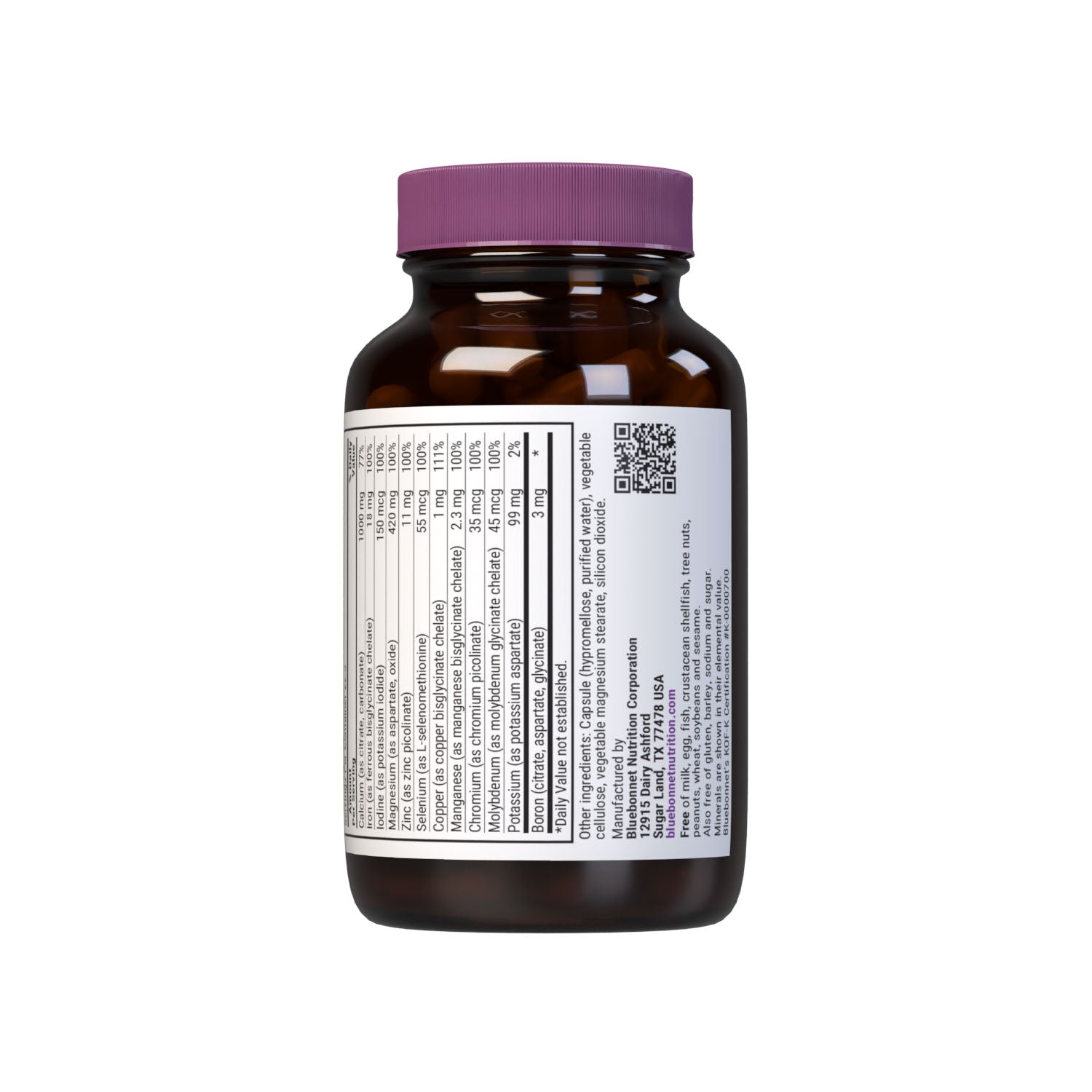 Multiminerals and Boron 90 vegetable capsules (with iron). Full spectrum dietary supplement. Supplement facts panel bottom. #size_90 count